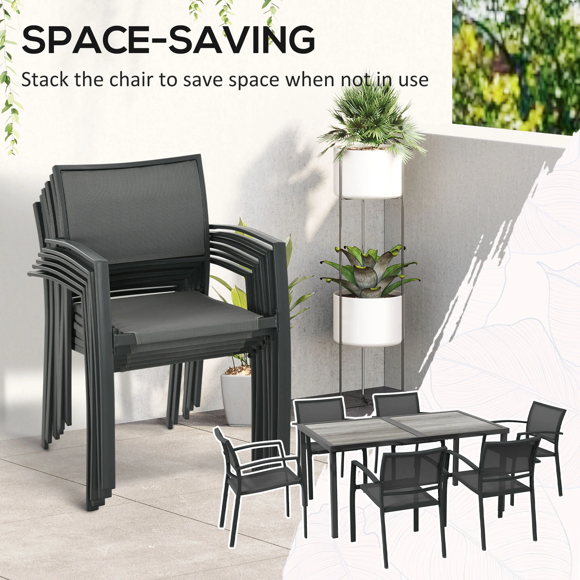Outsunny 7 Pieces Patio Dining Set with 6 Stackable Chairs for Poolside, Grey - Image 3