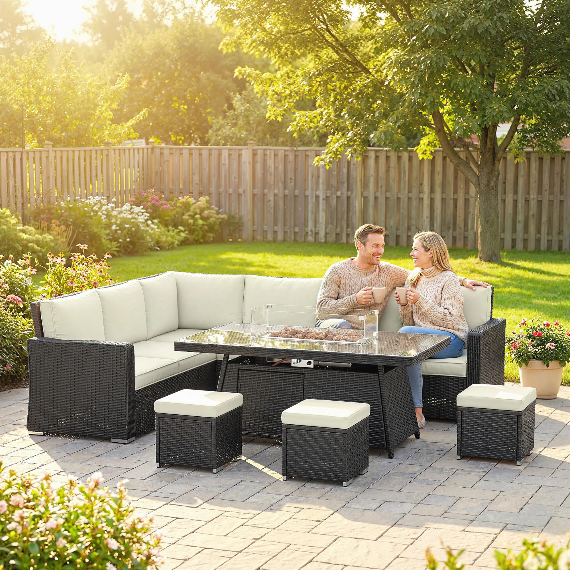 Outsunny 7 Pieces Rattan Garden Furniture Set W/ 50,000 BTU Fire Pit Table - Image 2