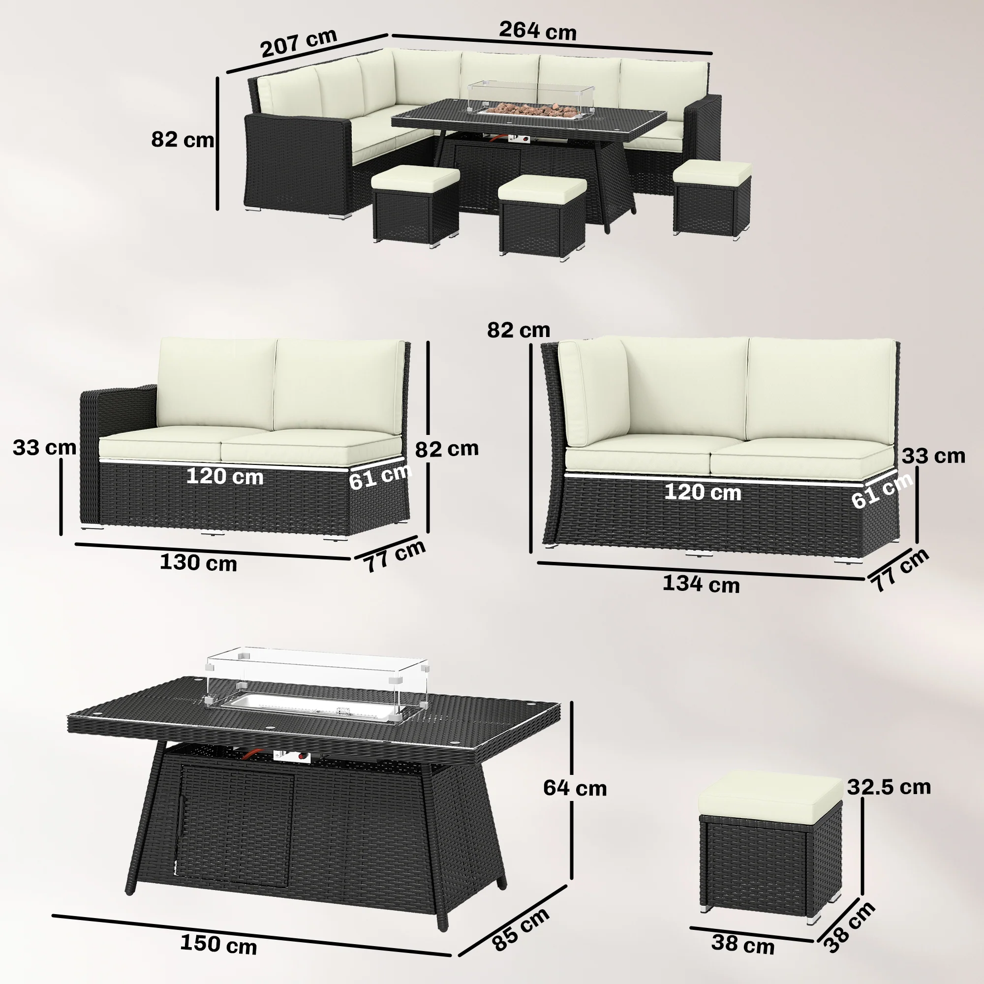 Outsunny 7 Pieces Rattan Garden Furniture Set W/ 50,000 BTU Fire Pit Table - Image 3