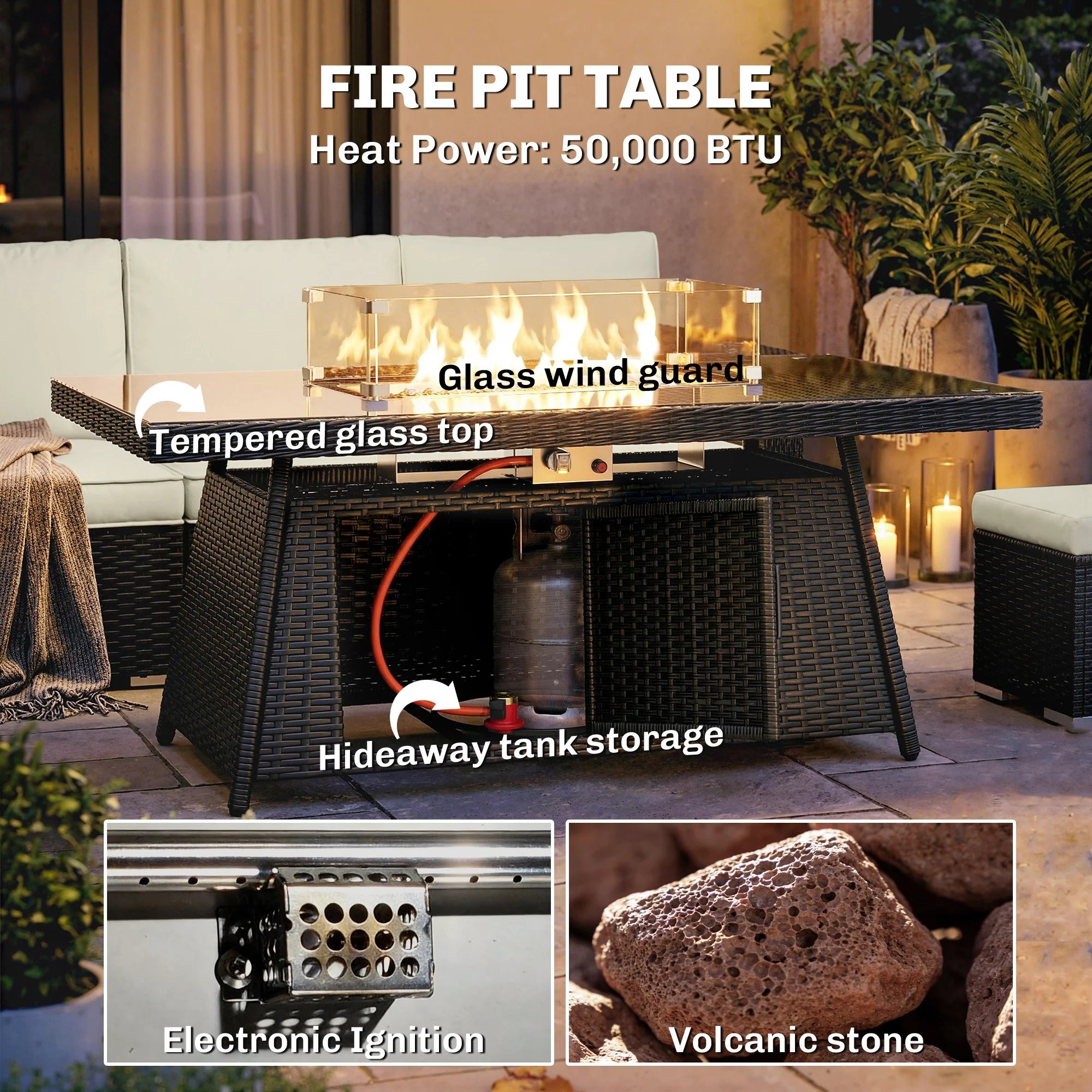 Outsunny 7 Pieces Rattan Garden Furniture Set W/ 50,000 BTU Fire Pit Table - Image 6