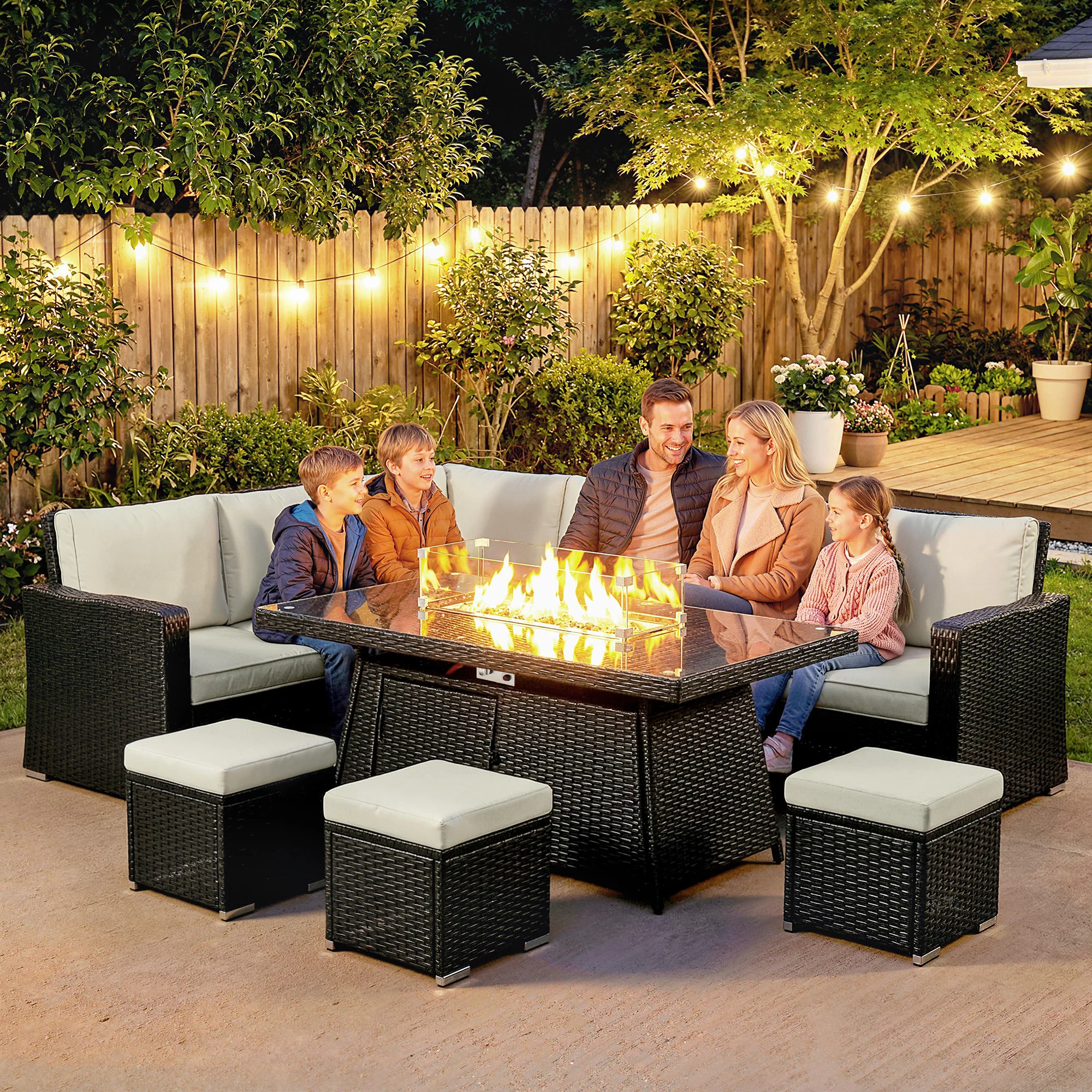 Outsunny 7 Pieces Rattan Garden Furniture Set W/ 50,000 BTU Fire Pit Table - Image 7