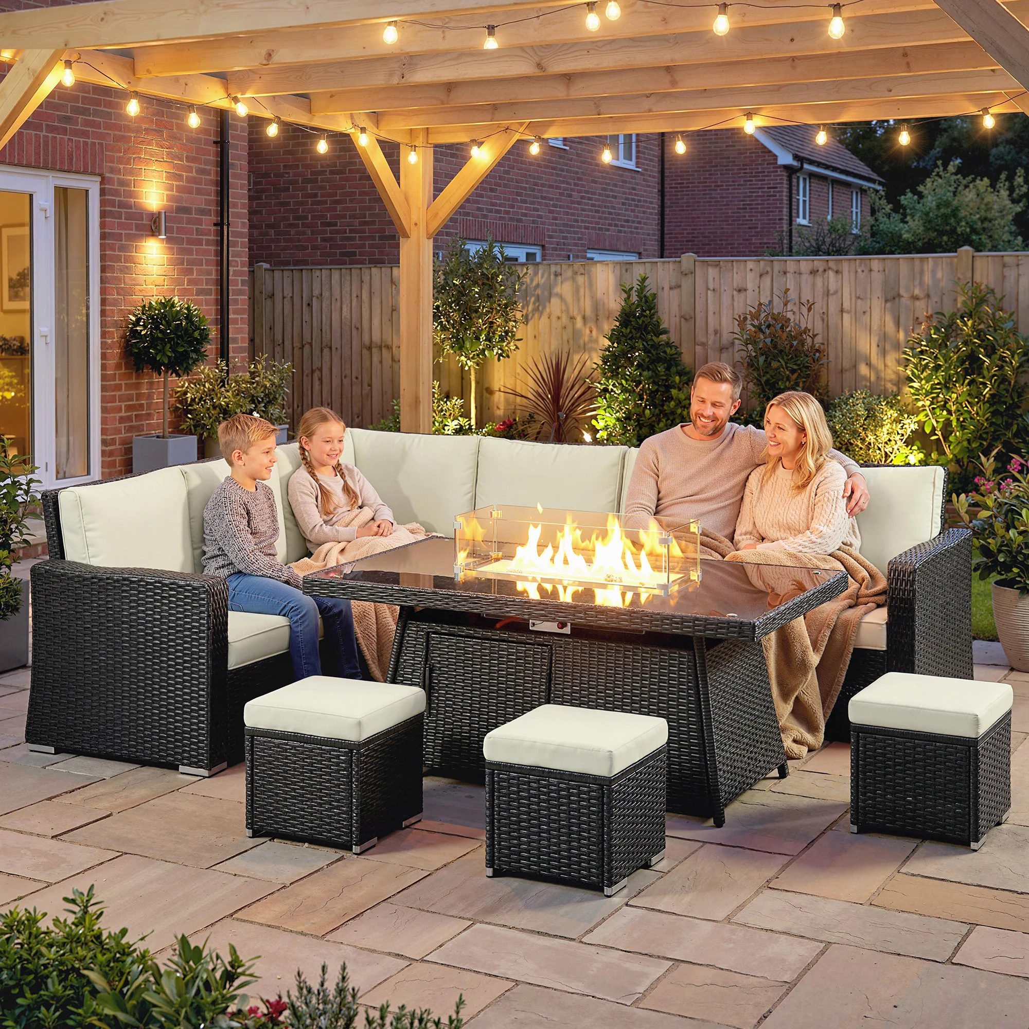 Outsunny 7 Pieces Rattan Garden Furniture Set W/ 50,000 BTU Fire Pit Table - Image 9
