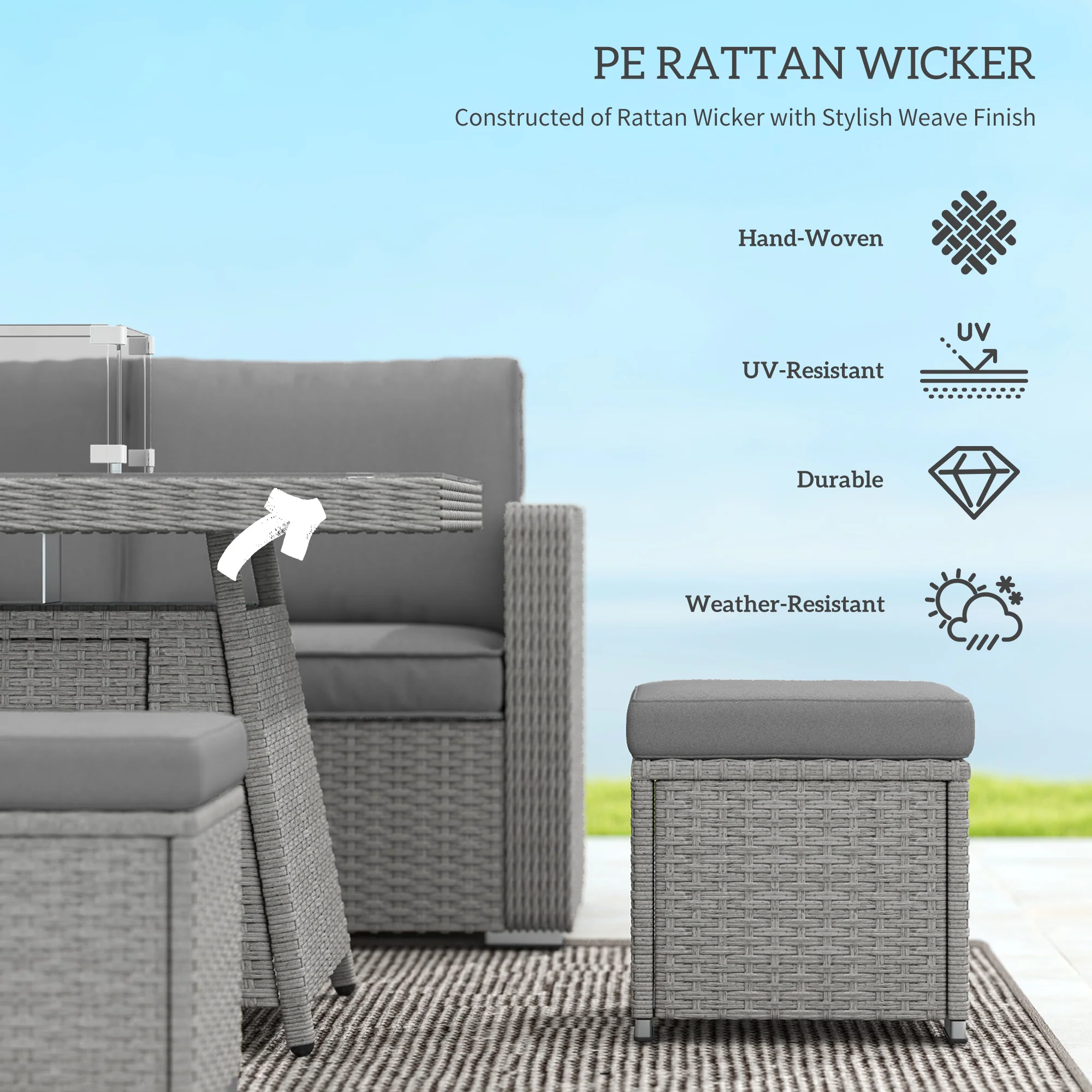 Outsunny 7 Pieces Rattan Garden Furniture Set W/ 50,000 BTU Gas Fire Pit Table - Image 3