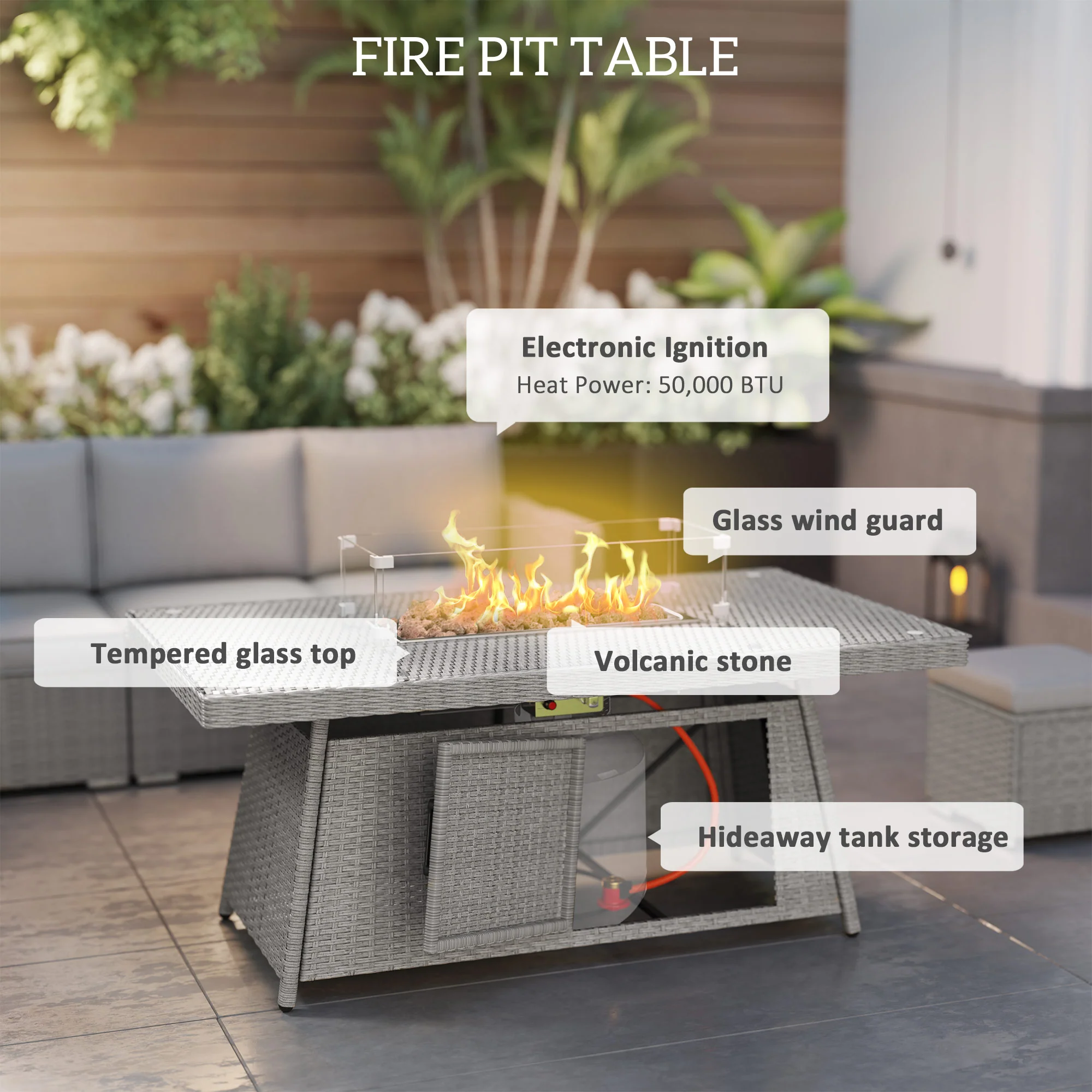 Outsunny 7 Pieces Rattan Garden Furniture Set W/ 50,000 BTU Gas Fire Pit Table - Image 6