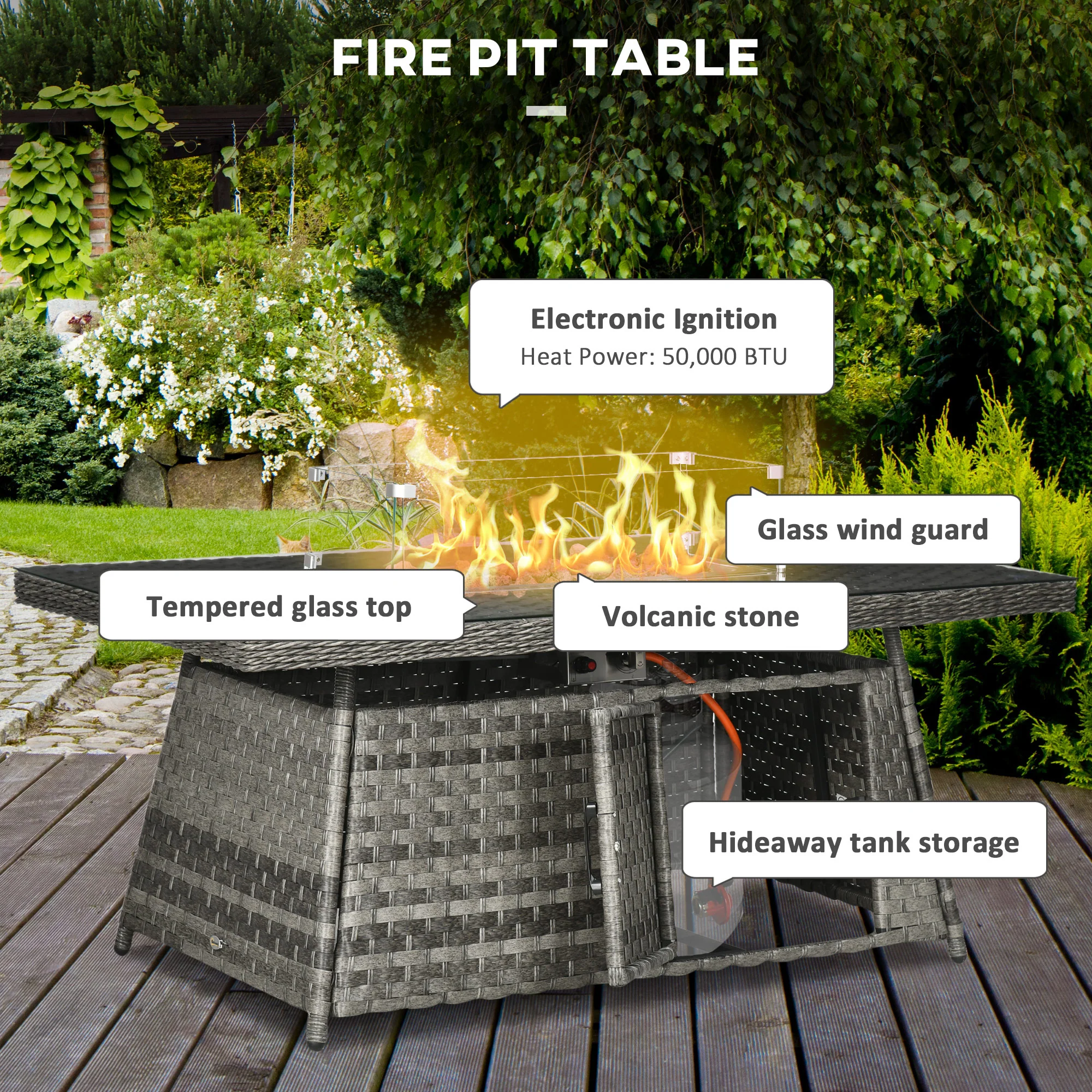 Outsunny 7 Pieces Rattan Garden Furniture Set w/ 50,000 BTU Gas Fire Pit Table - Image 6