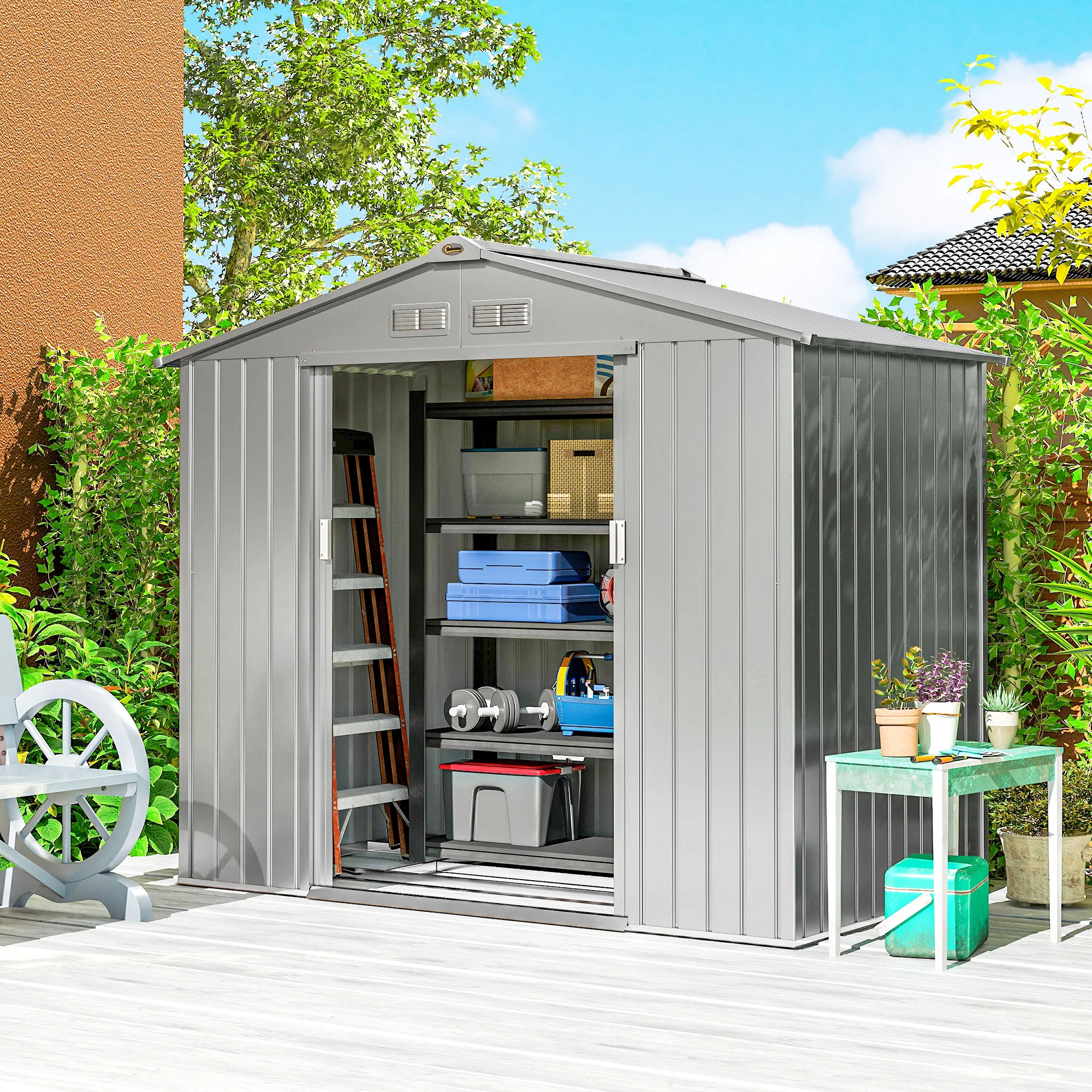 Outsunny 7 x 4ft Garden Shed Storage w/ Foundation Kit, Vents, Light Grey - Image 2