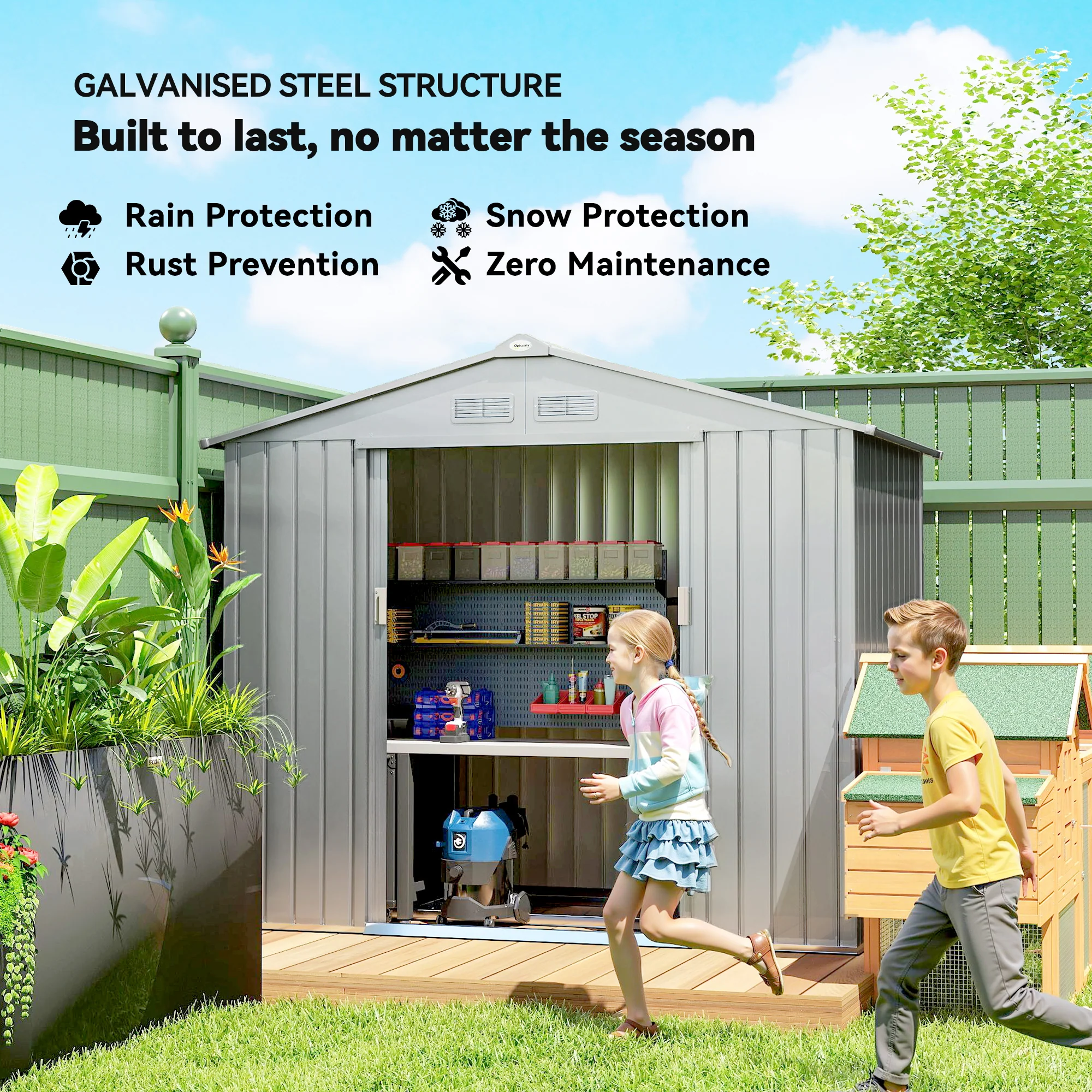 Outsunny 7 x 4ft Garden Shed Storage w/ Foundation Kit, Vents, Light Grey - Image 4