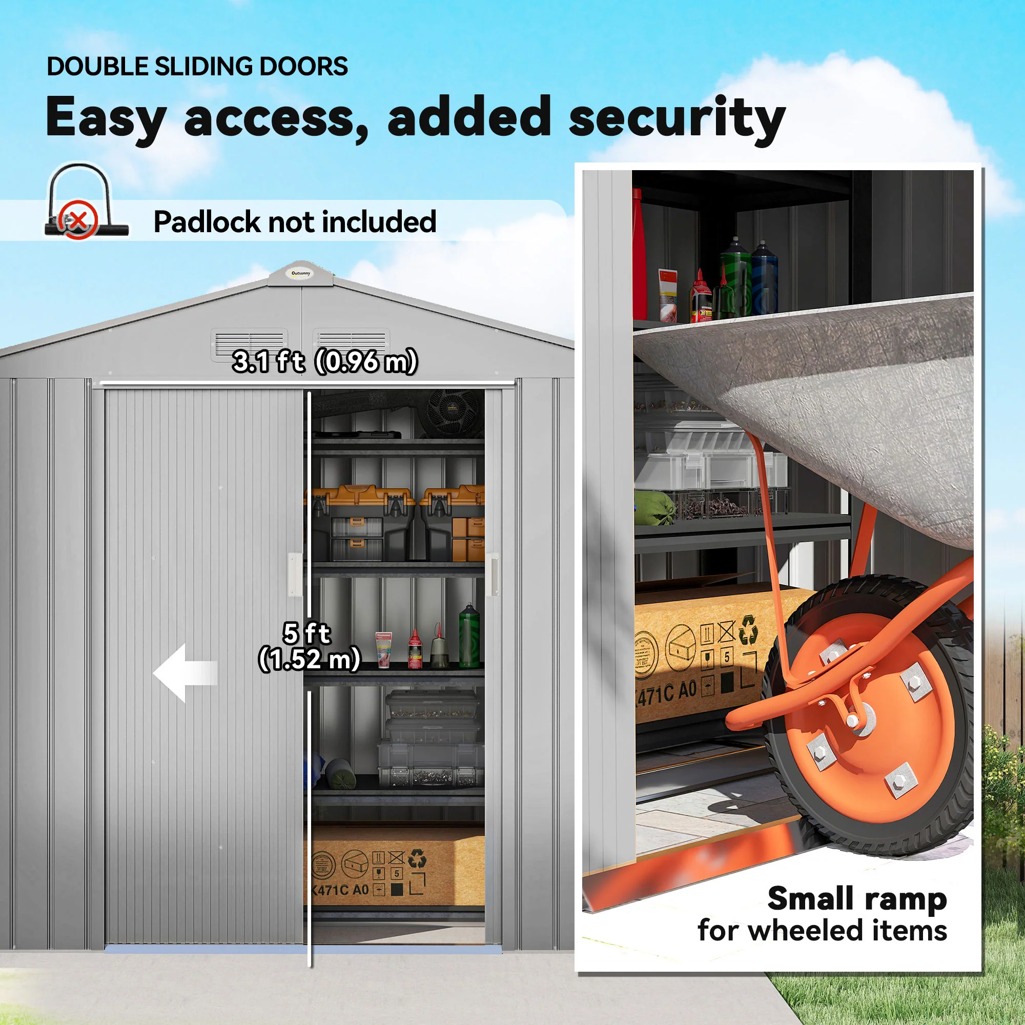 Outsunny 7 x 4ft Garden Shed Storage w/ Foundation Kit, Vents, Light Grey - Image 5