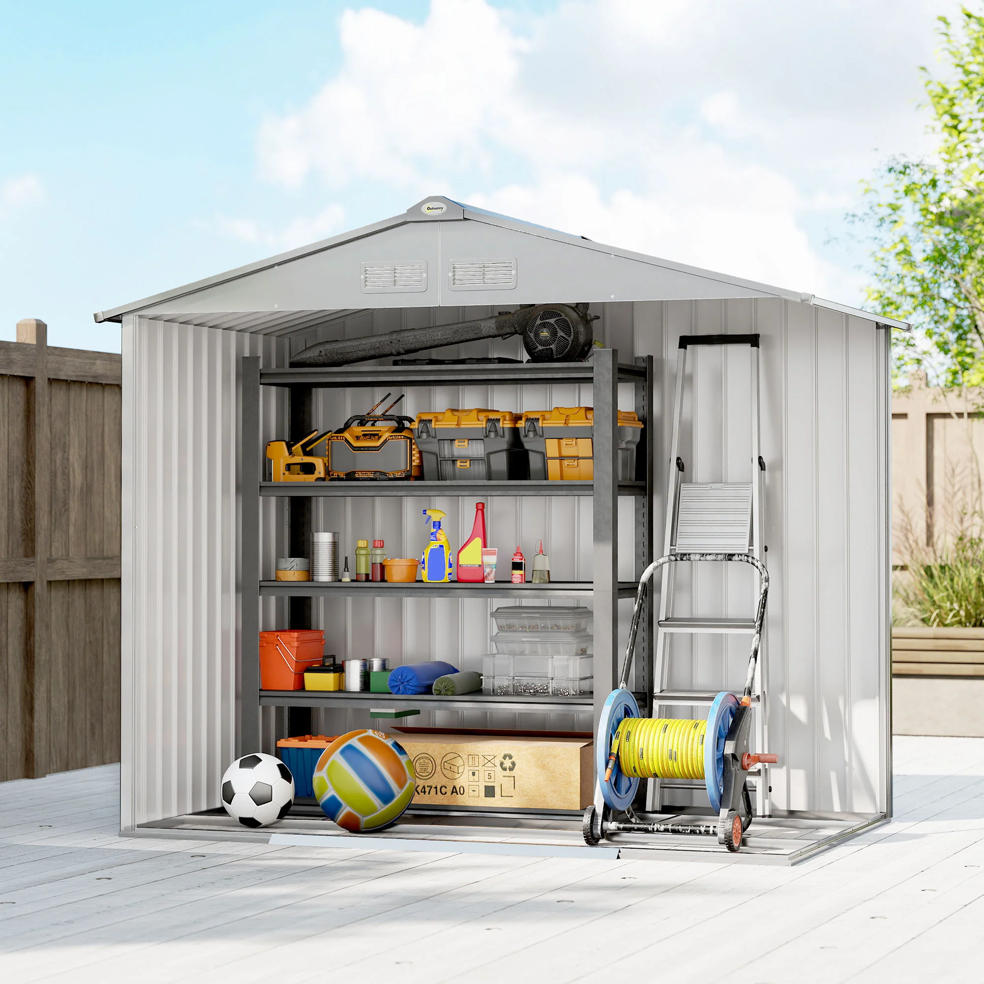 Outsunny 7 x 4ft Garden Shed Storage w/ Foundation Kit, Vents, Light Grey - Image 9