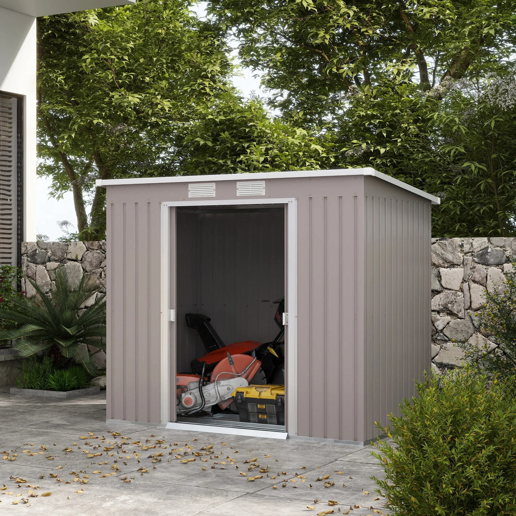 Outsunny 7 x 4ft Metal Garden Storage Shed w/ Double Door & Ventilation Grey - Image 2