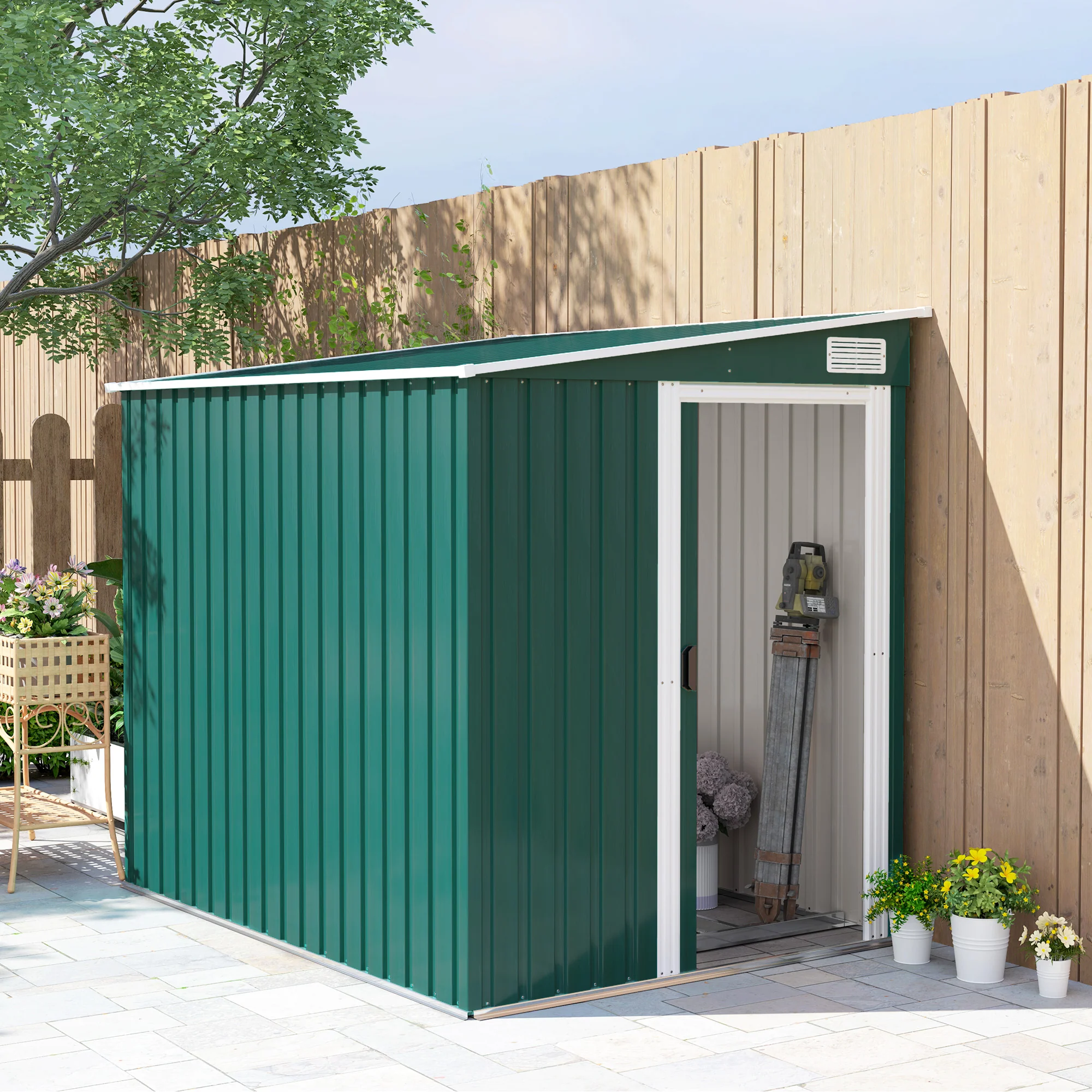 Outsunny 7 x 5FT Garden Shed w/ Foundation Lean to Metal Tool Shed Green - Image 2