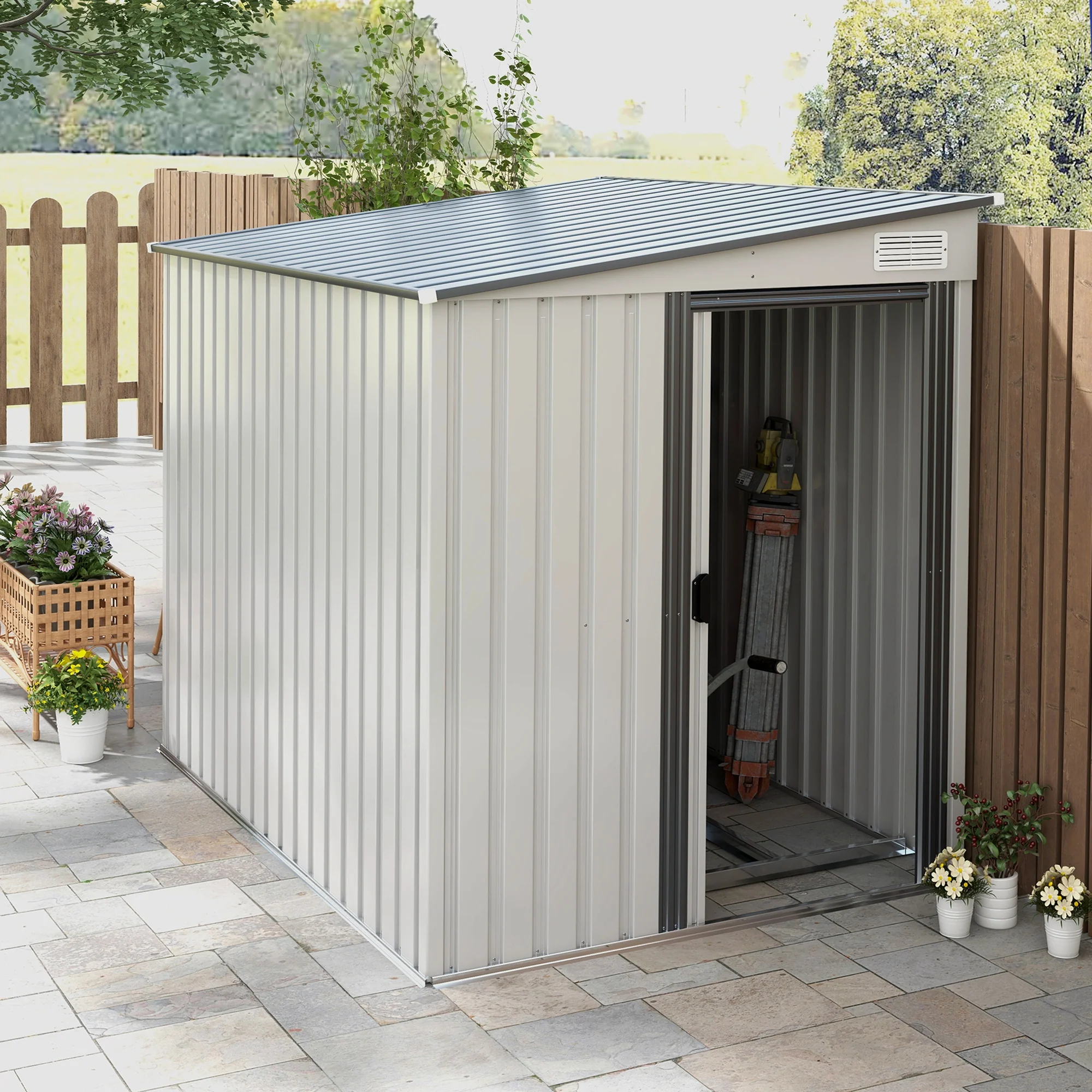 Outsunny 7 x 5FT Garden Shed w/ Foundation Lean to Metal Tool Shed White - Image 2