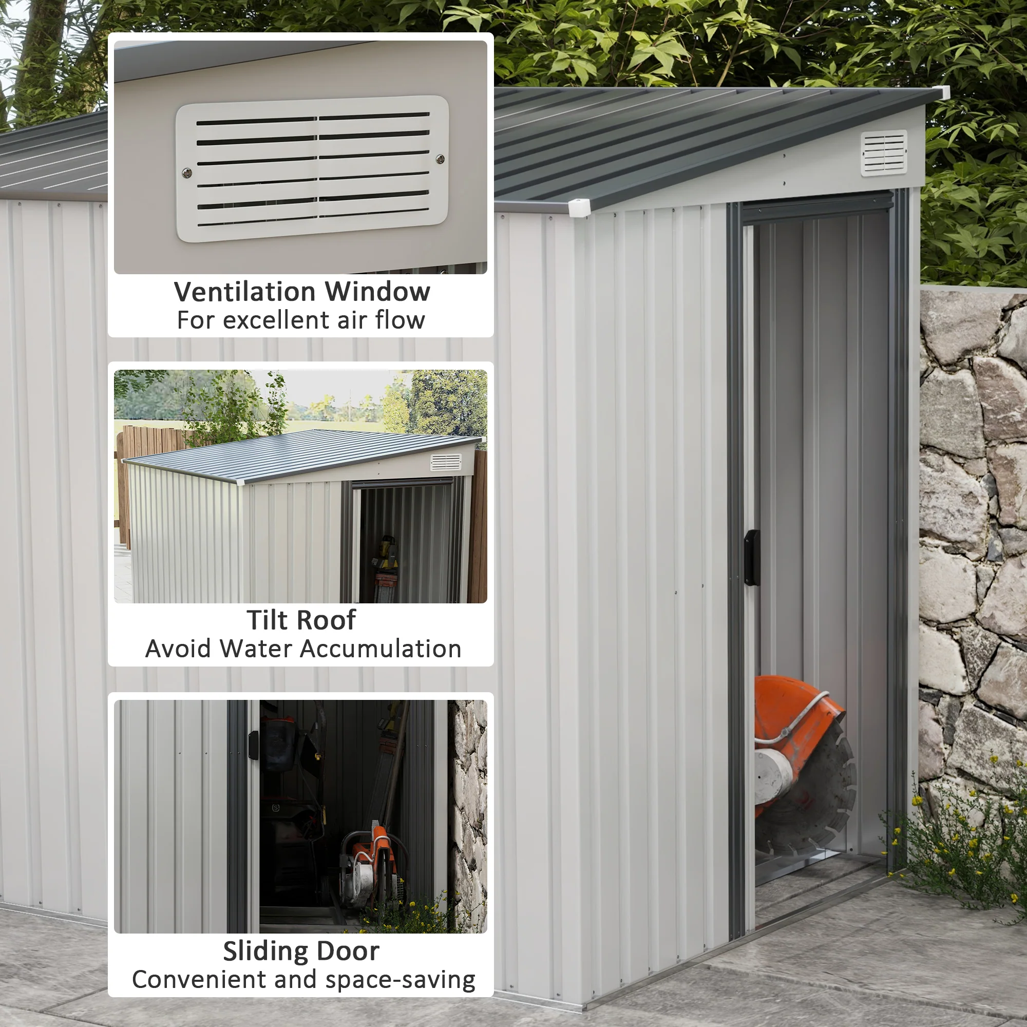 Outsunny 7 x 5FT Garden Shed w/ Foundation Lean to Metal Tool Shed White - Image 3
