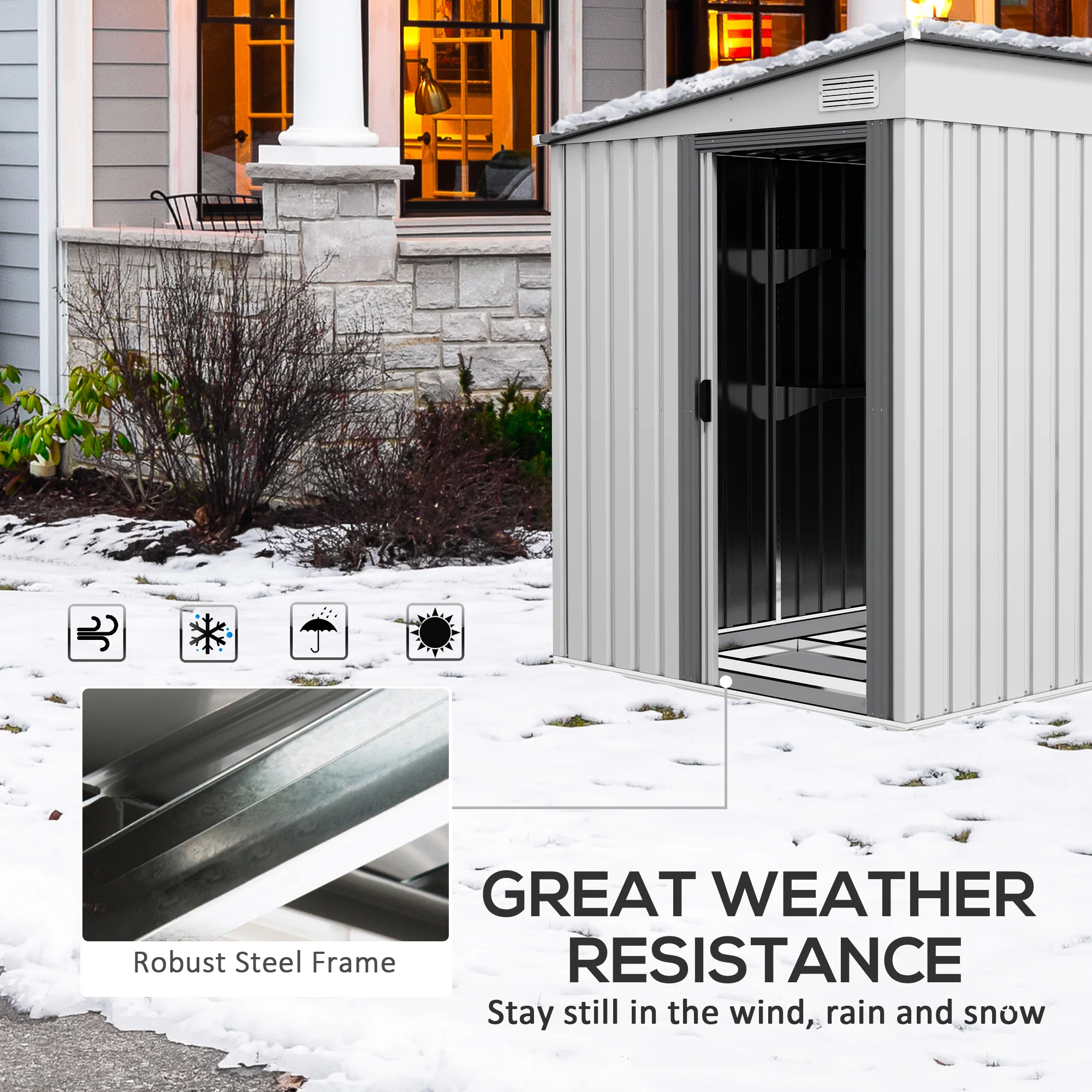 Outsunny 7 x 5FT Garden Shed w/ Foundation Lean to Metal Tool Shed White - Image 6
