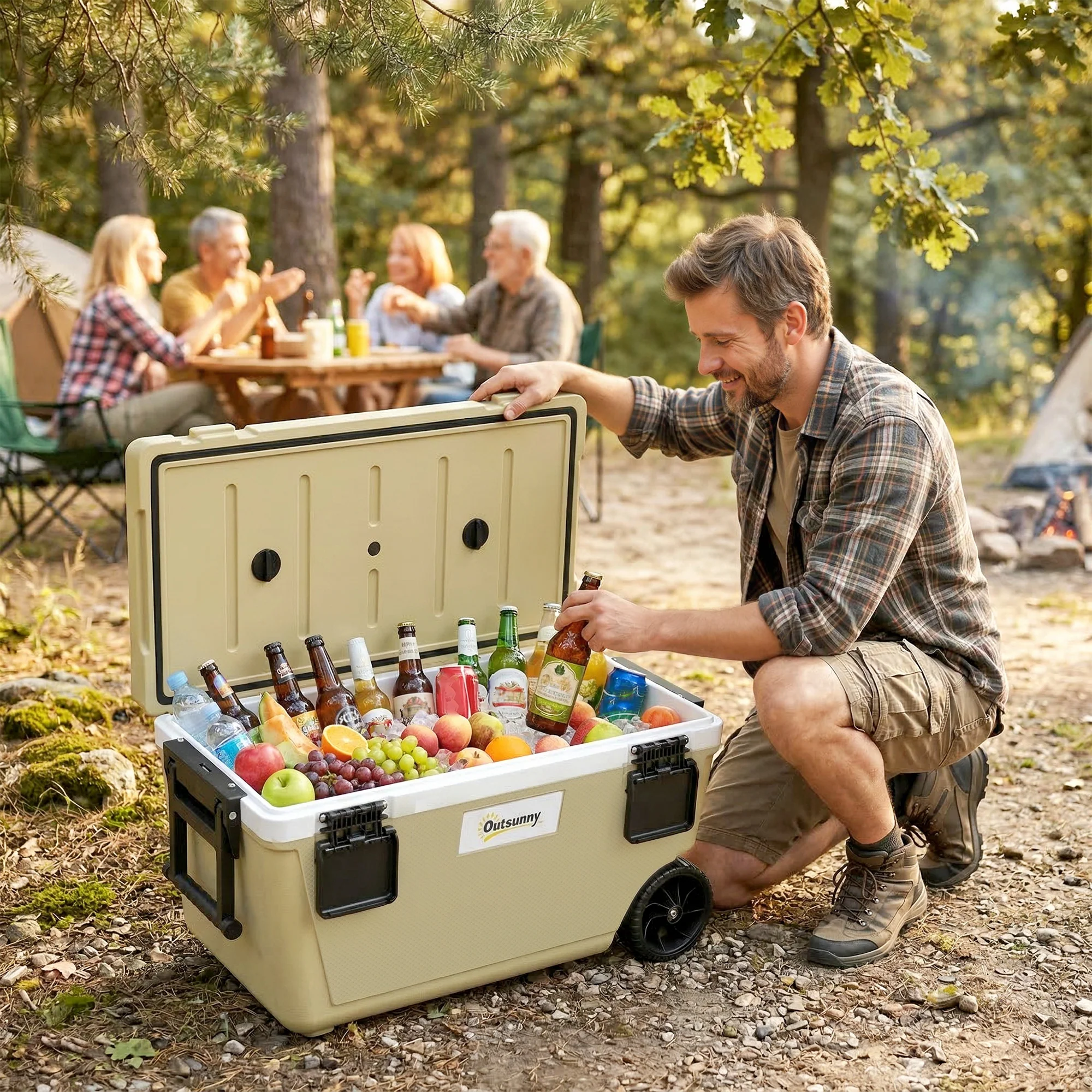 Outsunny 70L Insulated Cool Box With Wheels, Portable Ice Cooler, Khaki - Image 2