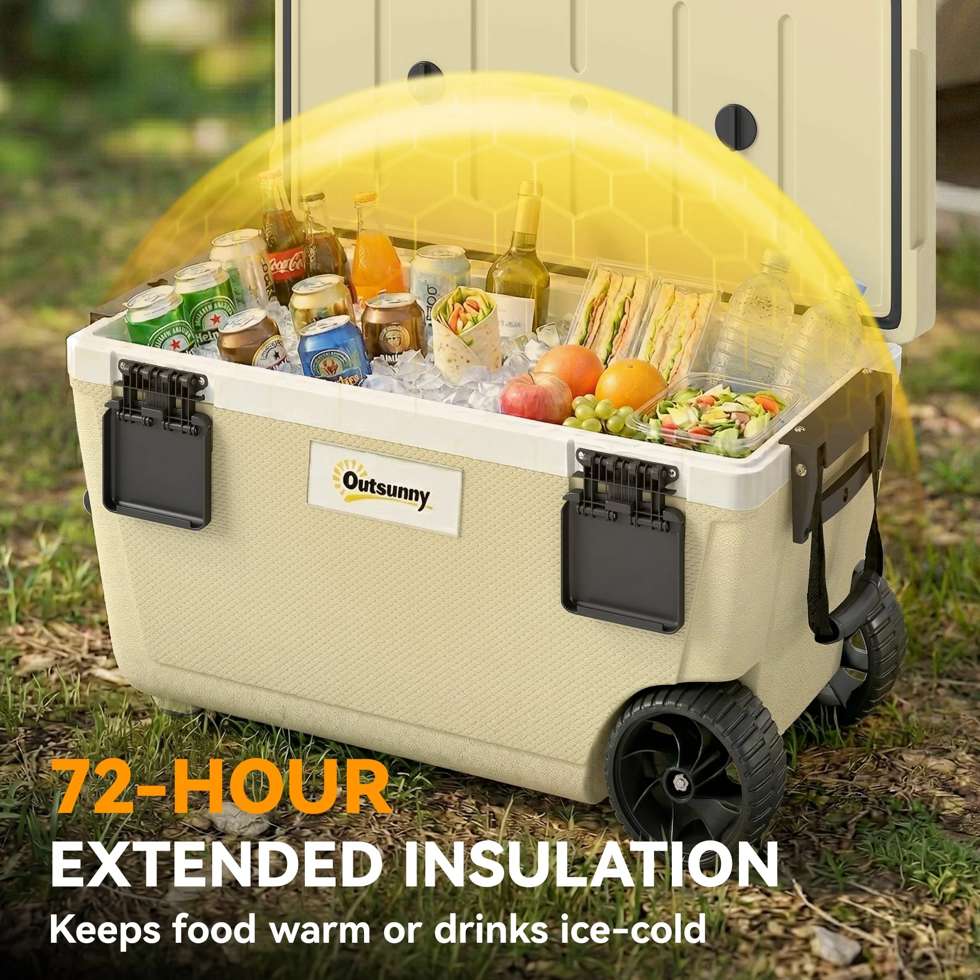 Outsunny 70L Insulated Cool Box With Wheels, Portable Ice Cooler, Khaki - Image 3