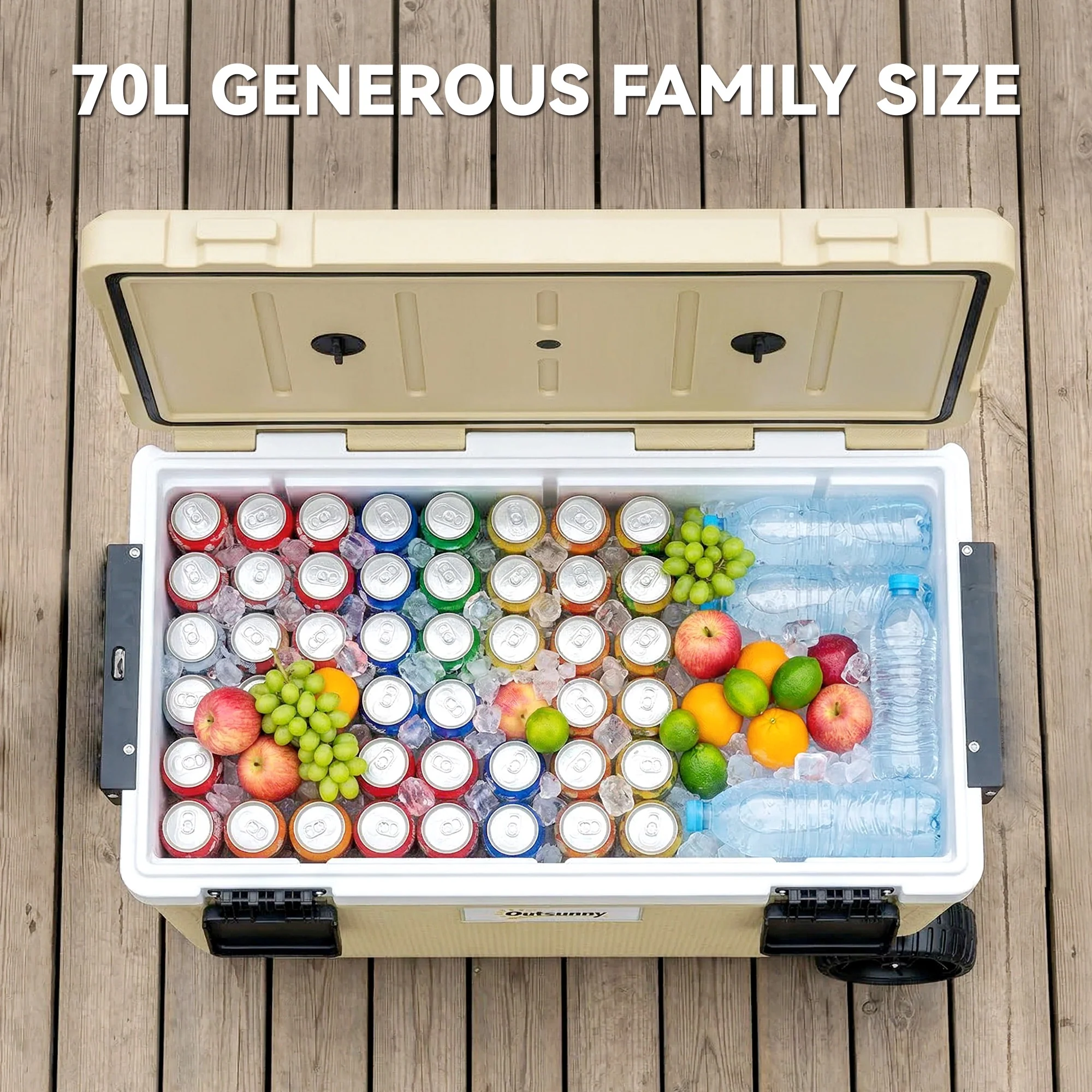 Outsunny 70L Insulated Cool Box With Wheels, Portable Ice Cooler, Khaki - Image 4