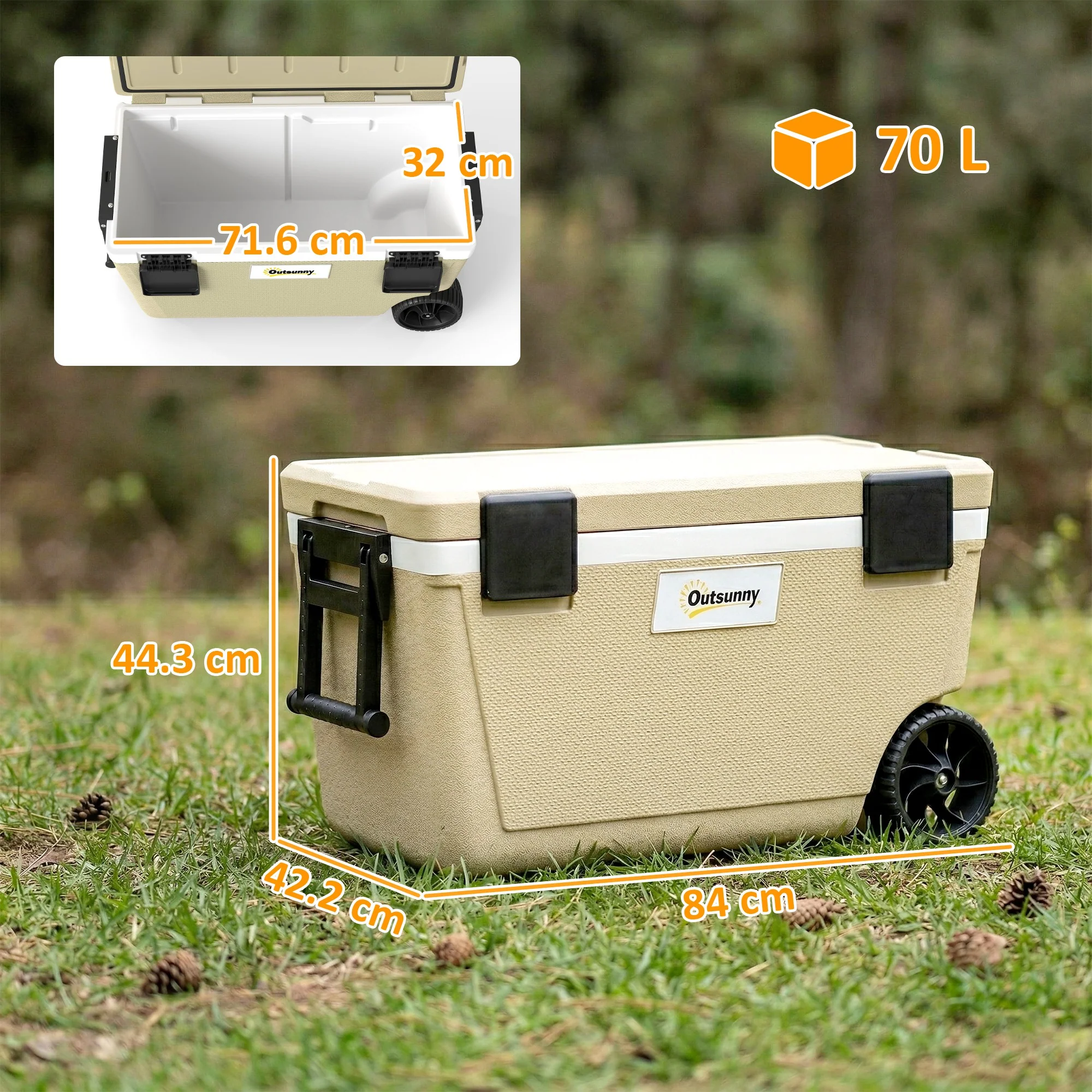 Outsunny 70L Insulated Cool Box With Wheels, Portable Ice Cooler, Khaki - Image 5