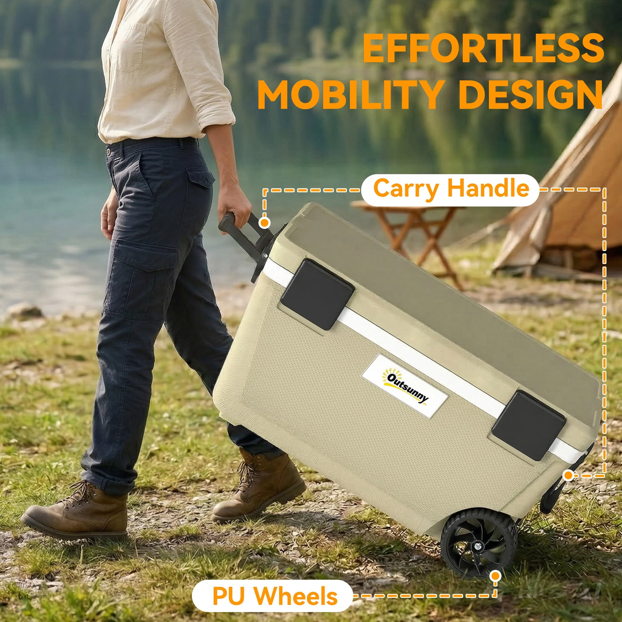 Outsunny 70L Insulated Cool Box With Wheels, Portable Ice Cooler, Khaki - Image 6