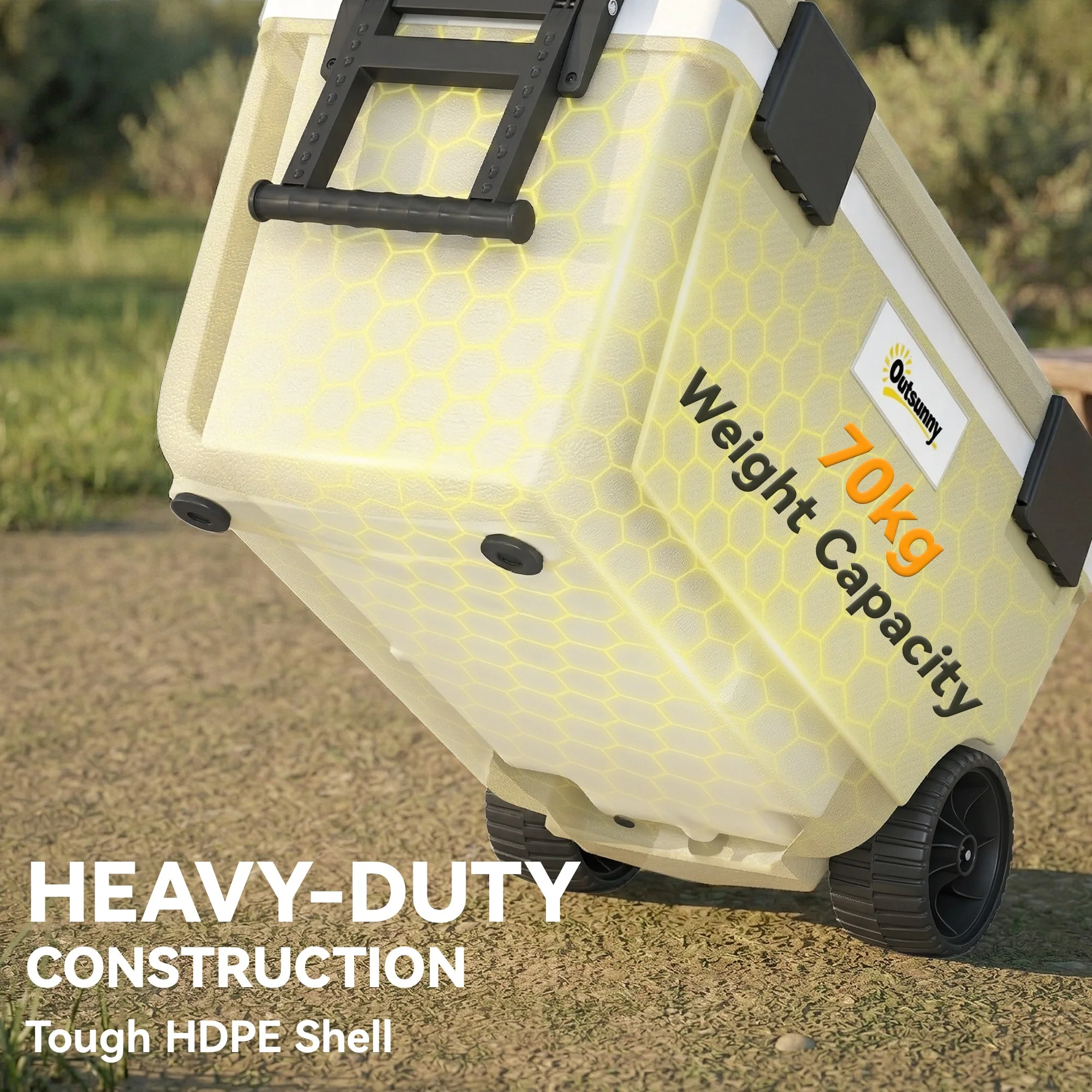 Outsunny 70L Insulated Cool Box With Wheels, Portable Ice Cooler, Khaki - Image 7