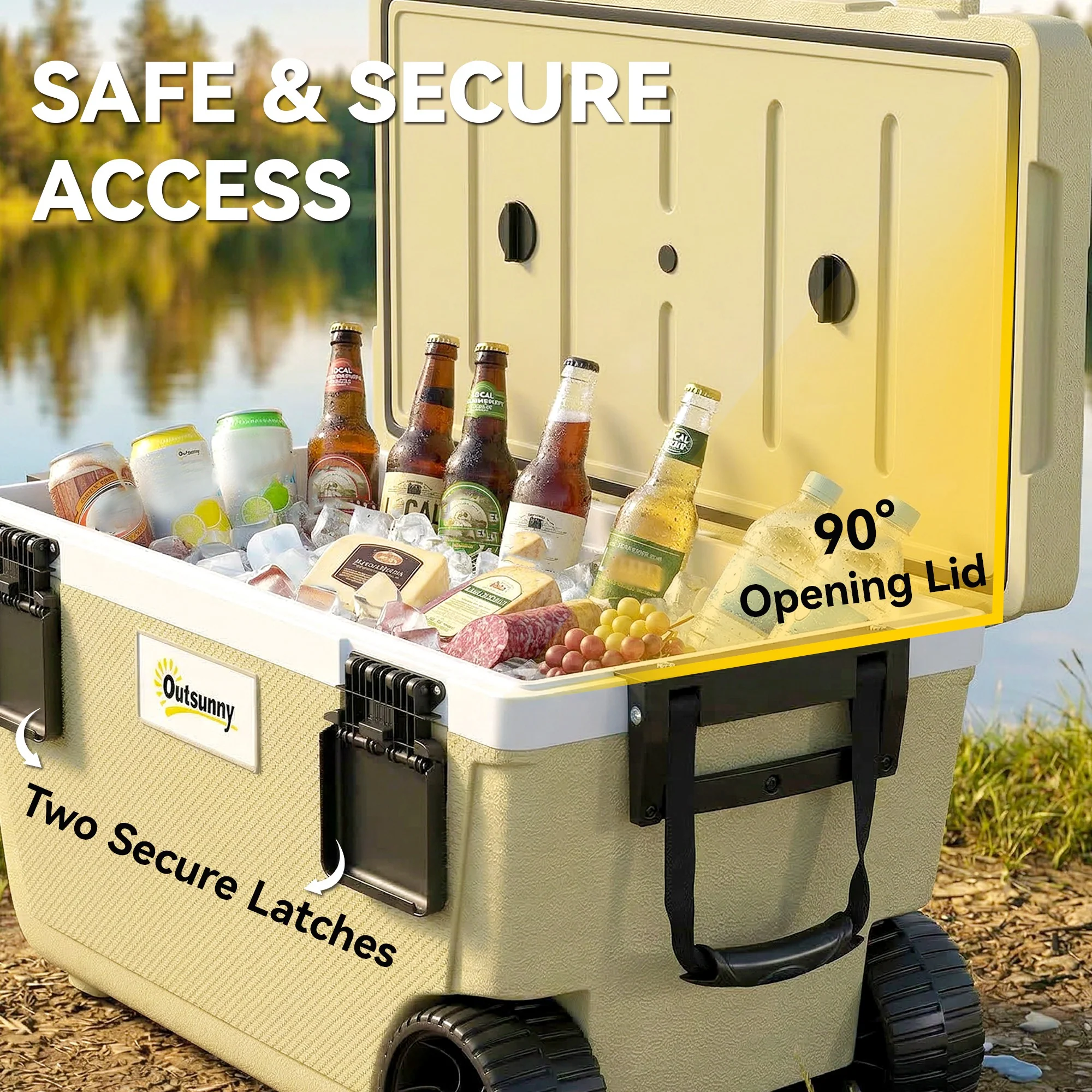 Outsunny 70L Insulated Cool Box With Wheels, Portable Ice Cooler, Khaki - Image 8