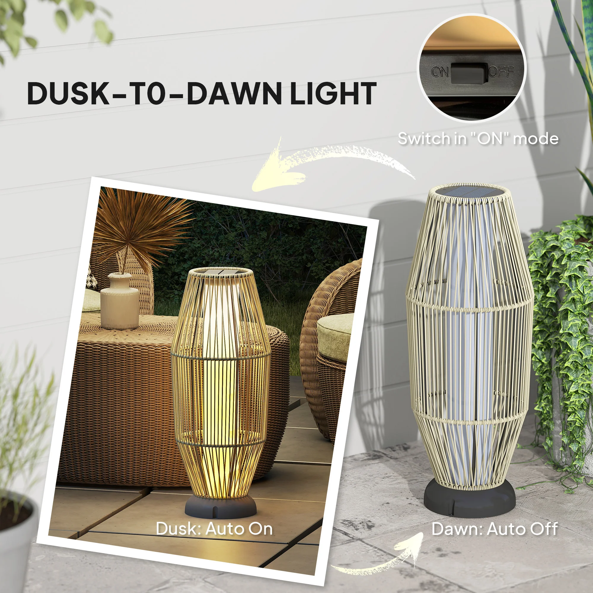Outsunny 72 Cm Rattan Solar Floor Lamp, Auto On/Off LED Garden Light, Grey - Image 4