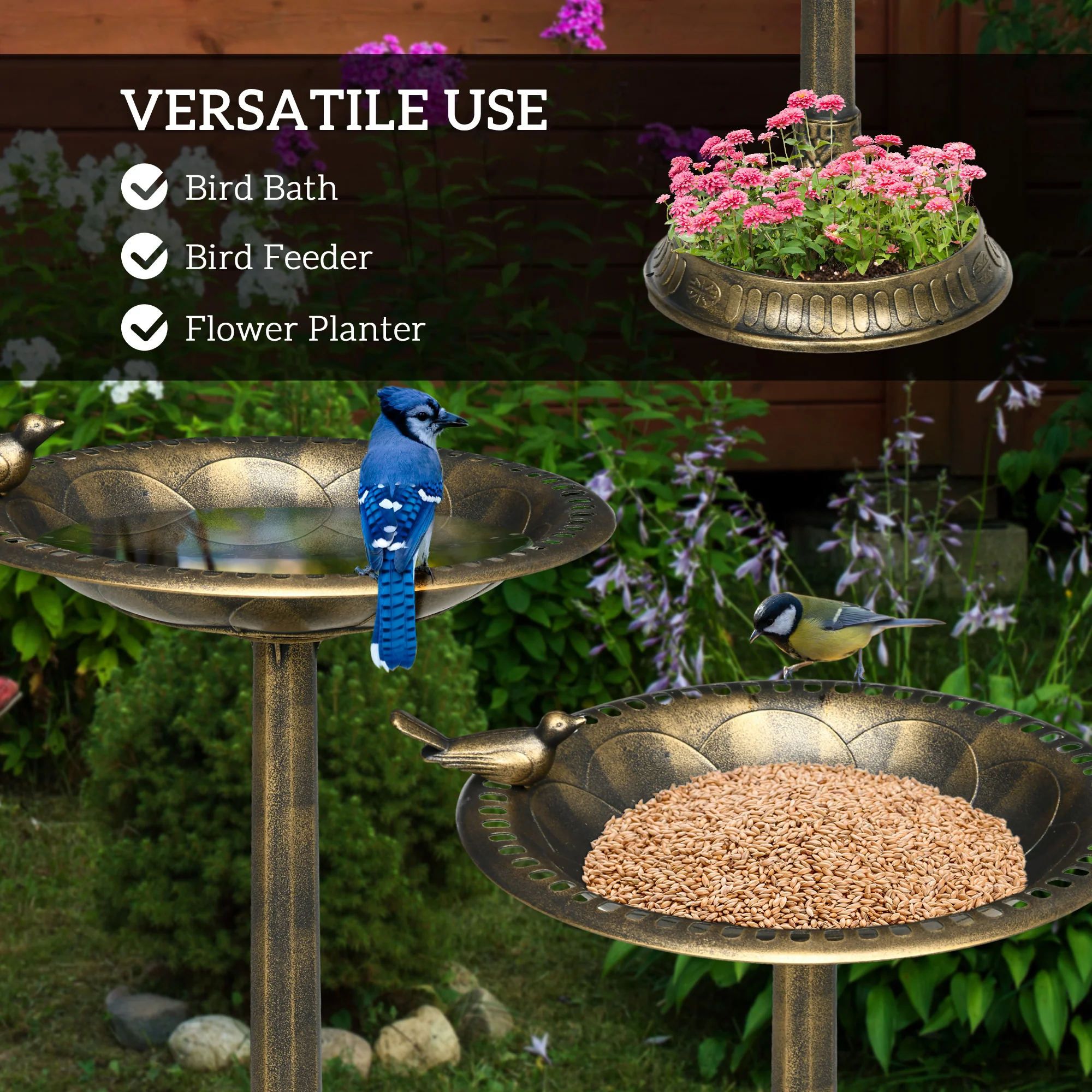 Outsunny 72cm Tall Bird Bath With Bird Decoration For Garden, Bronze Tone - Image 3