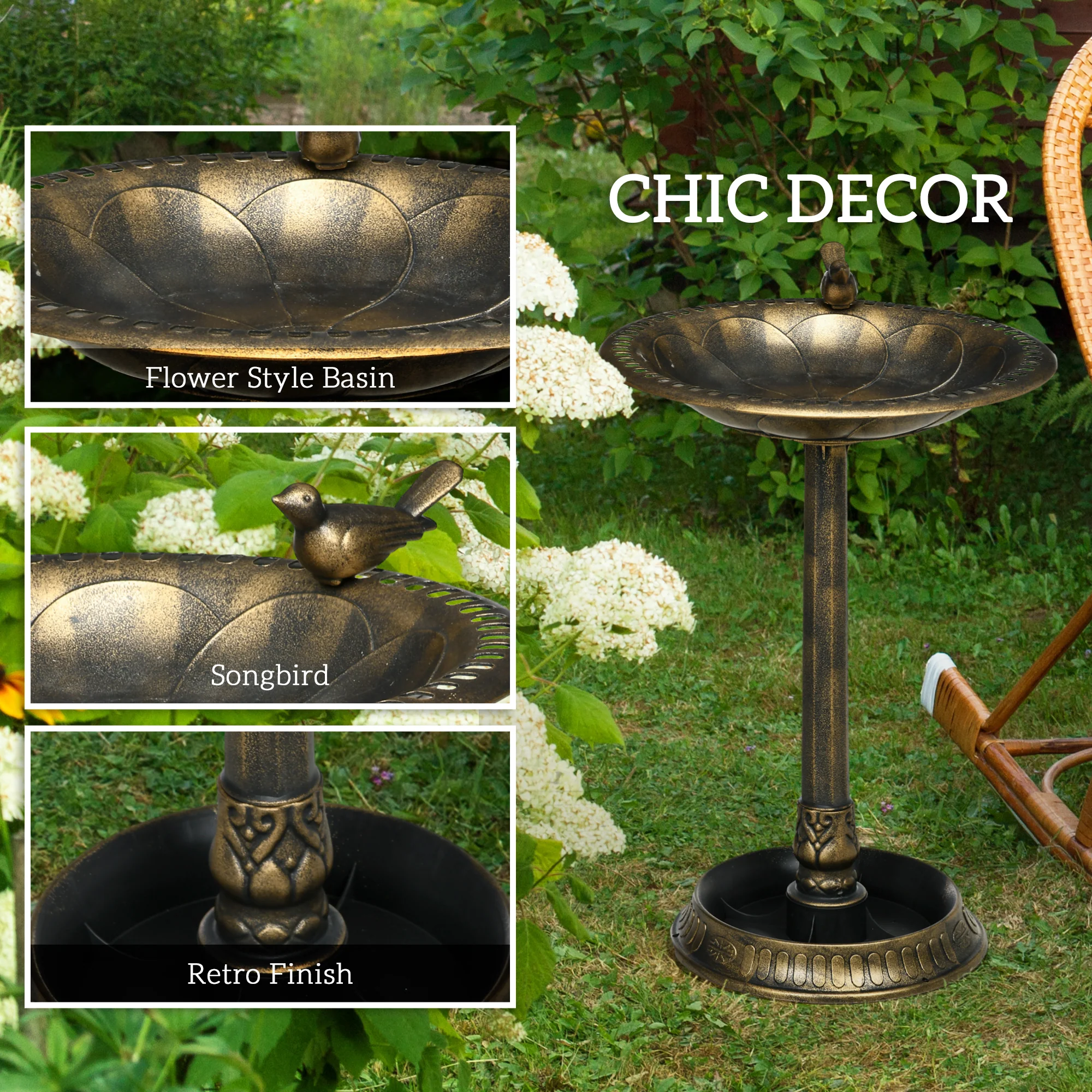Outsunny 72cm Tall Bird Bath With Bird Decoration For Garden, Bronze Tone - Image 4