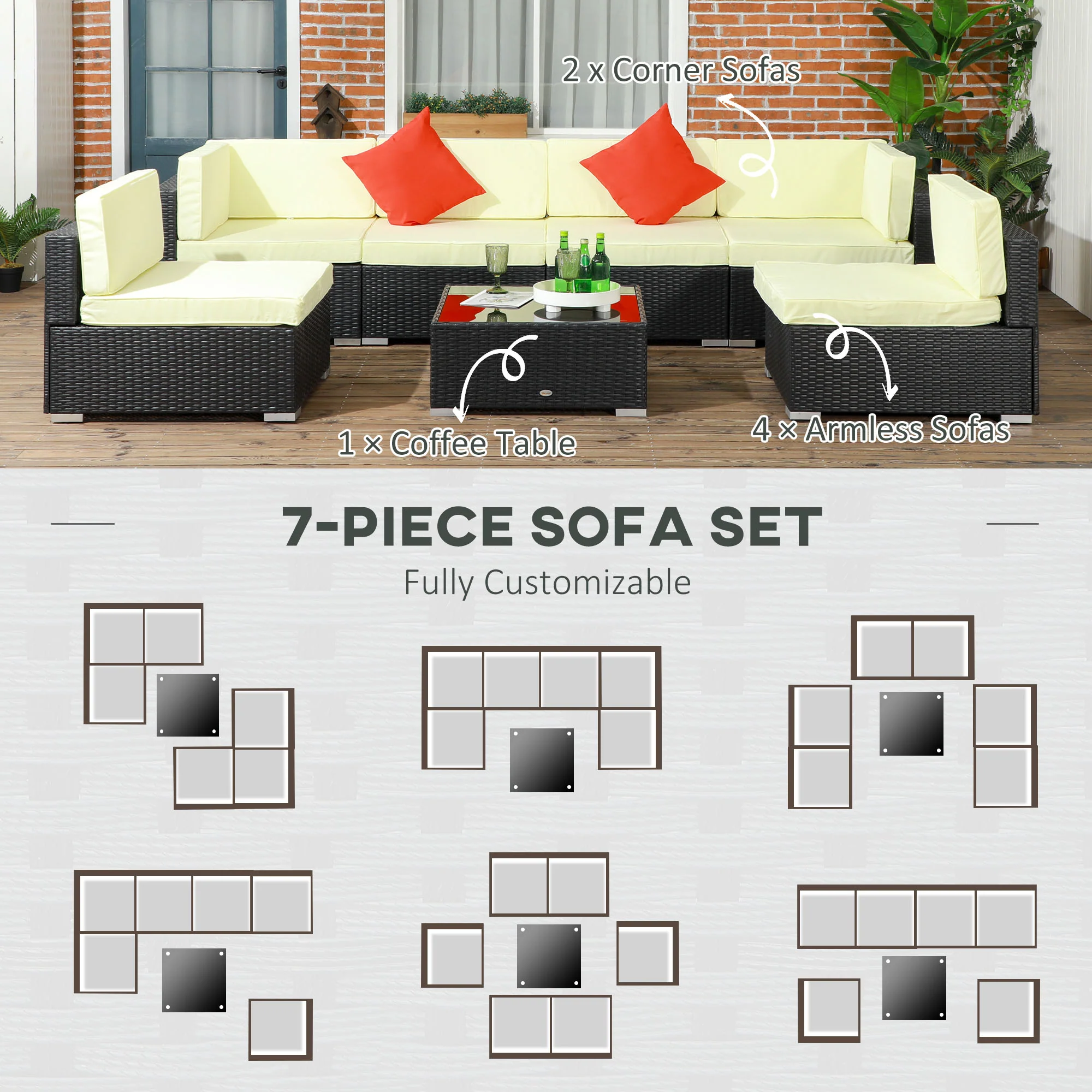 Outsunny 7PC Rattan Garden Furniture Set Coffee Table Buckle Structure - Image 11