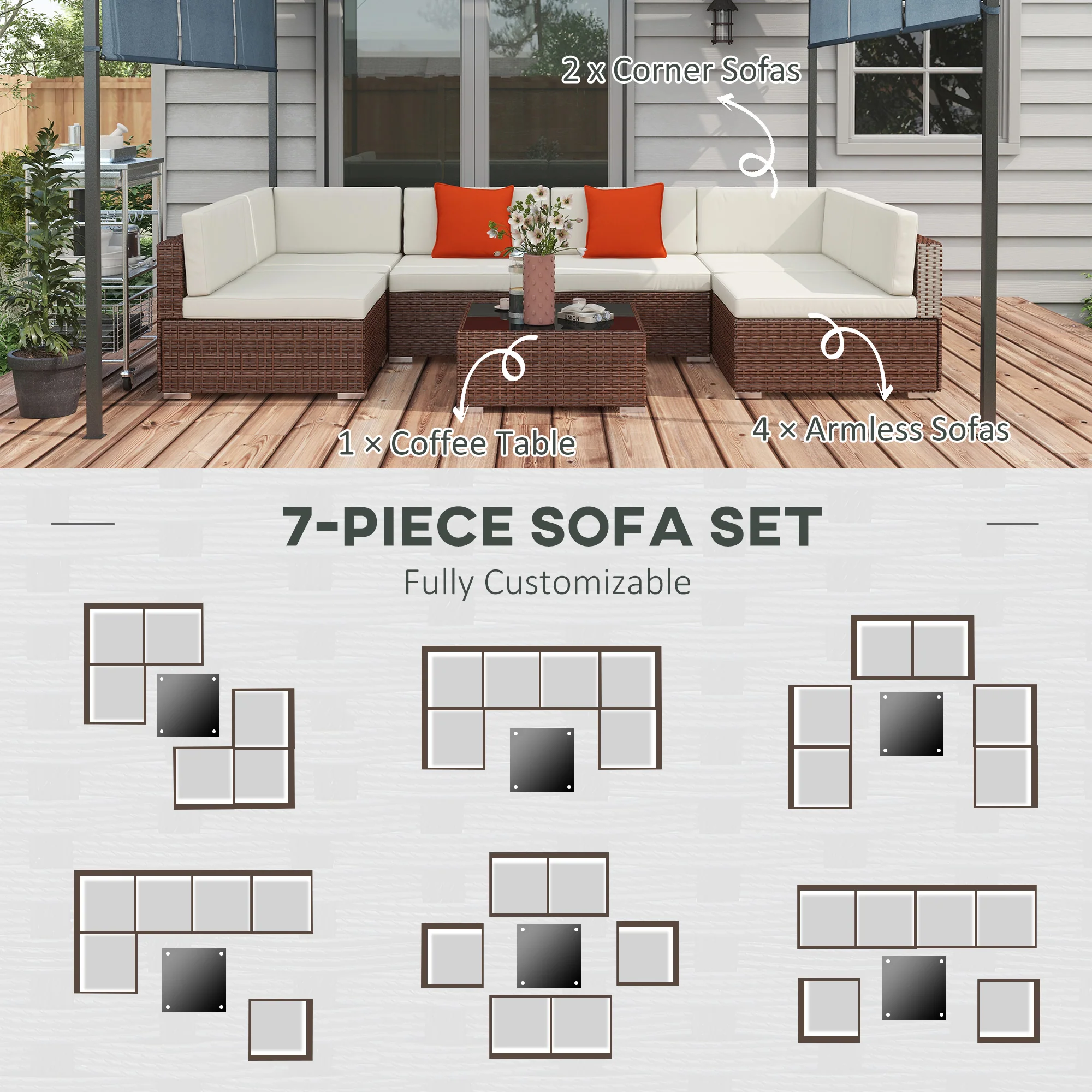 Outsunny 7PC Rattan Garden Furniture Set Coffee Table Buckle Structure - Image 3