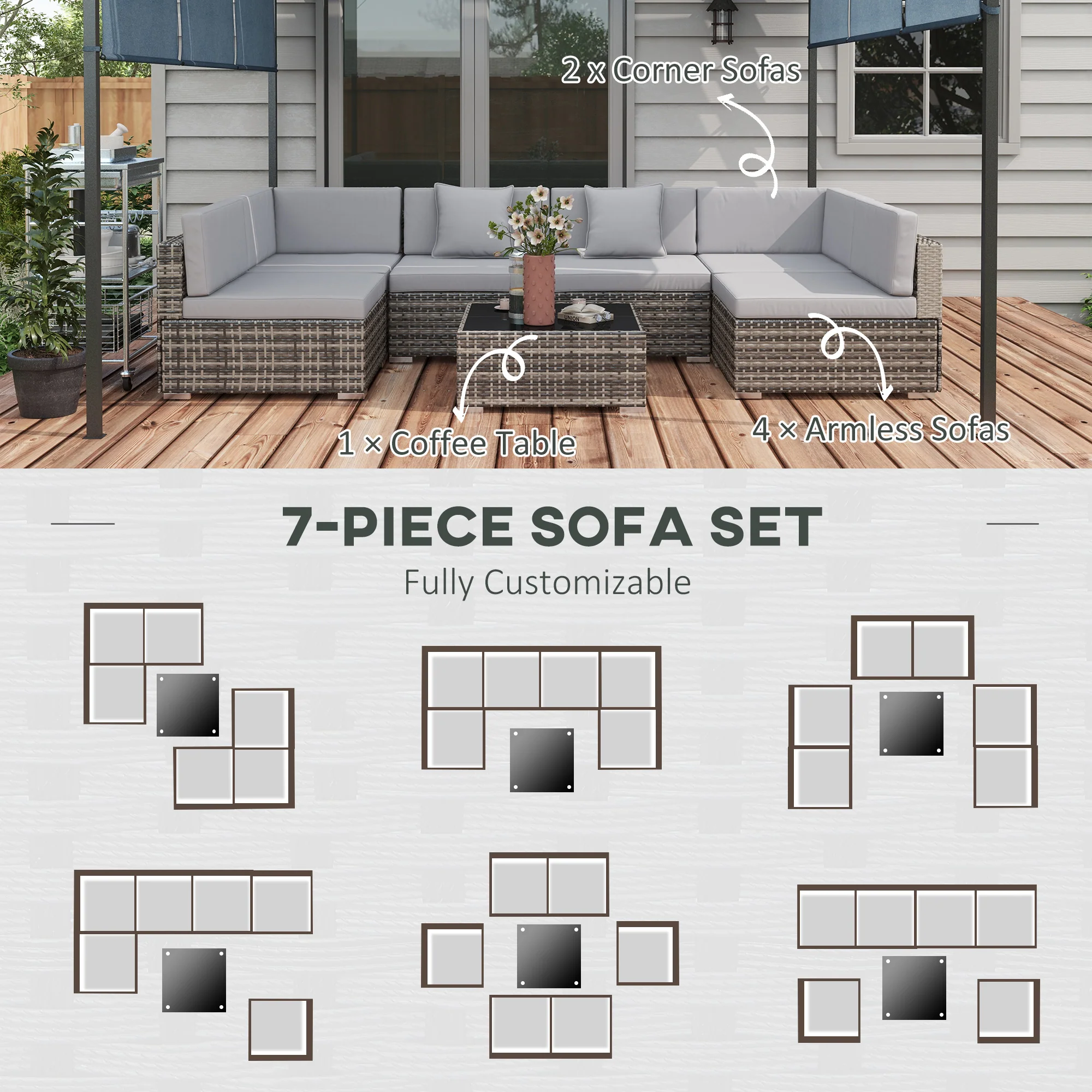 Outsunny 7PC Rattan Garden Furniture Set Coffee Table Buckle Structure, Grey - Image 3
