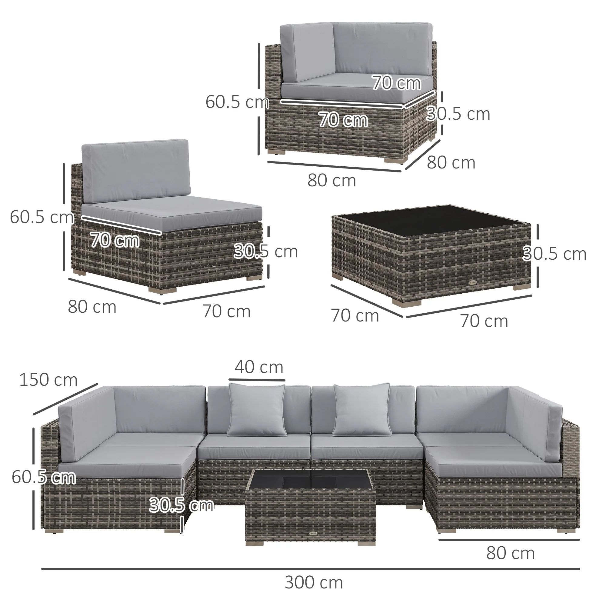 Outsunny 7PC Rattan Garden Furniture Set Coffee Table Buckle Structure, Grey - Image 5