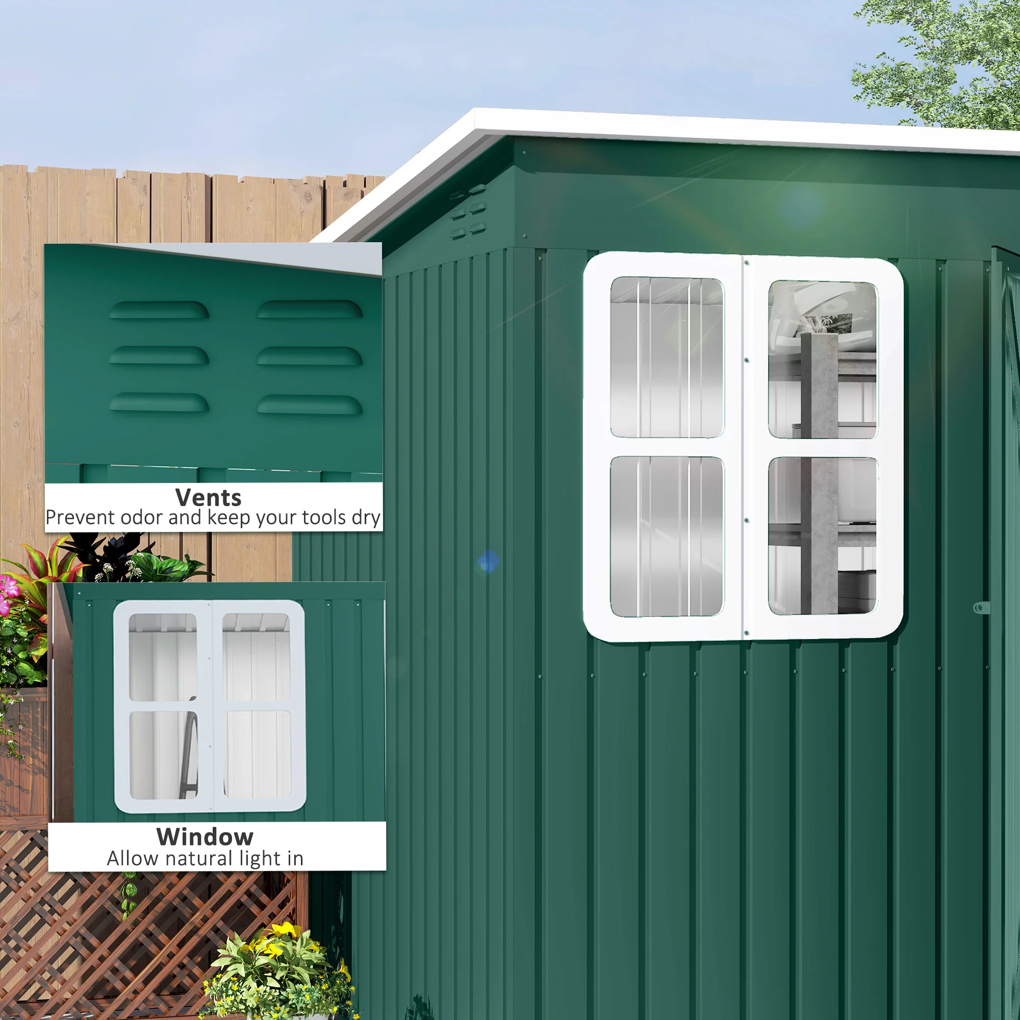 Outsunny 8.5 x 6ft Galvanised Steel Garden Shed with Foundation Kit, Green - Image 6