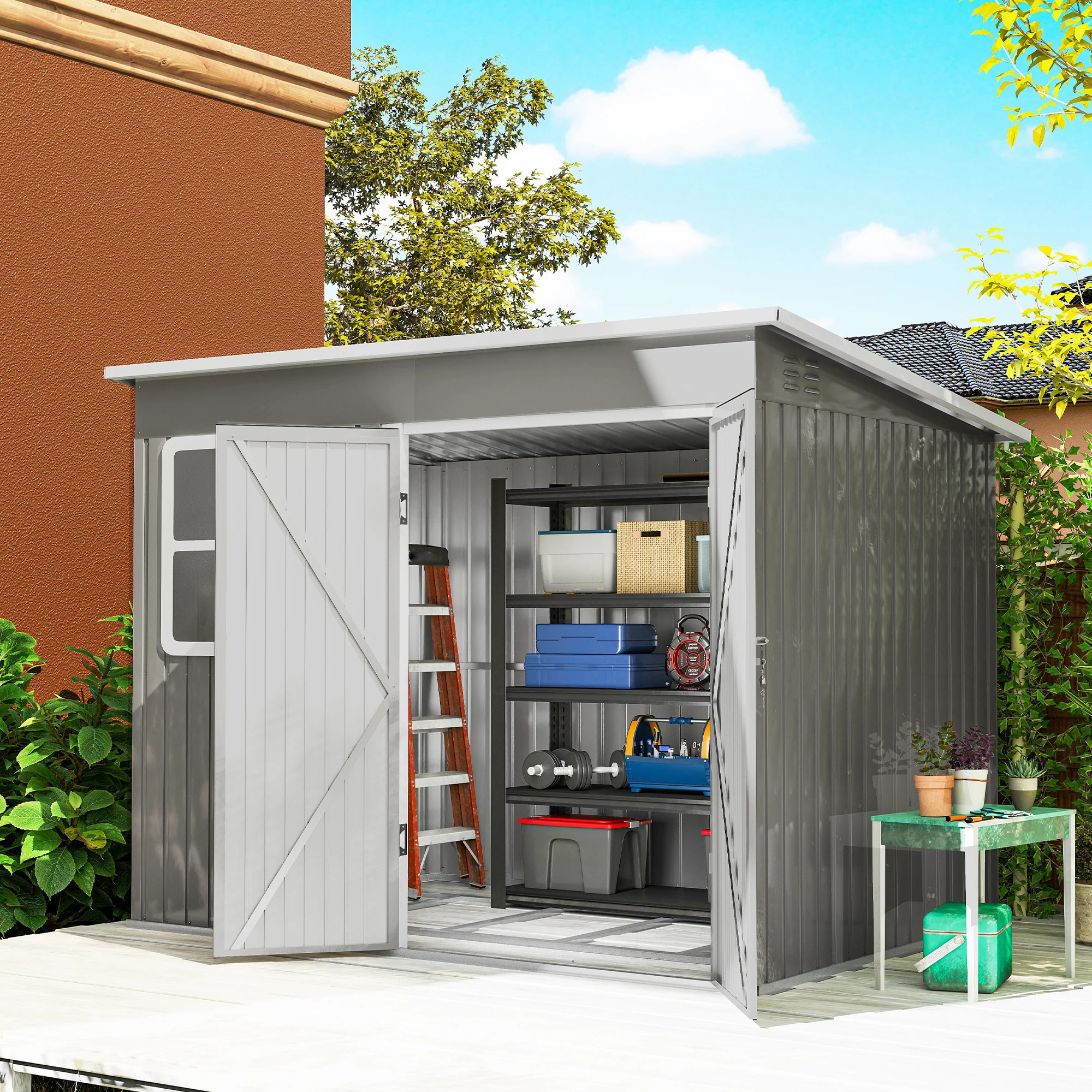 Outsunny 8.5 x 6ft Galvanised Steel Garden Shed with Foundation Kit, Grey - Image 2