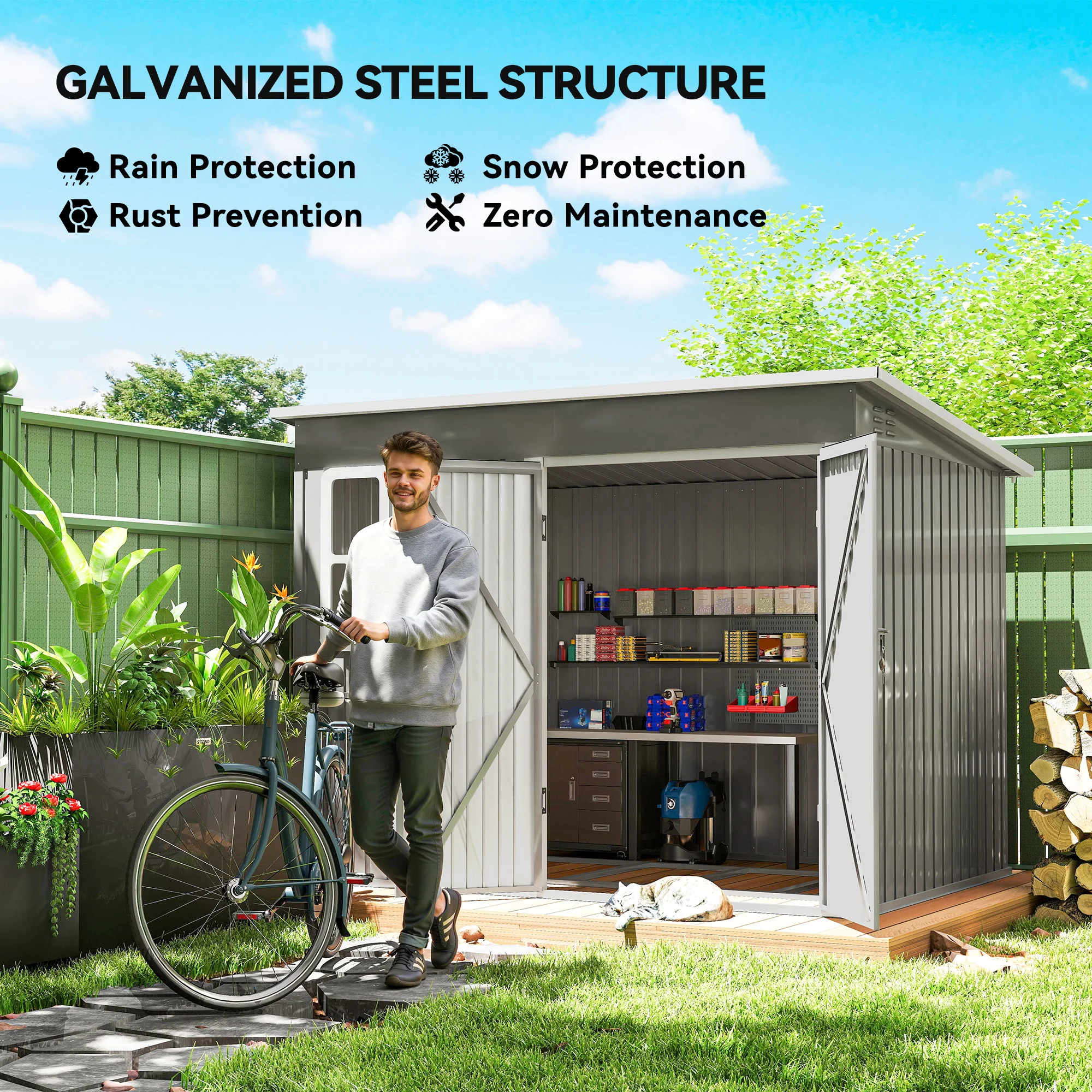 Outsunny 8.5 x 6ft Galvanised Steel Garden Shed with Foundation Kit, Grey - Image 3