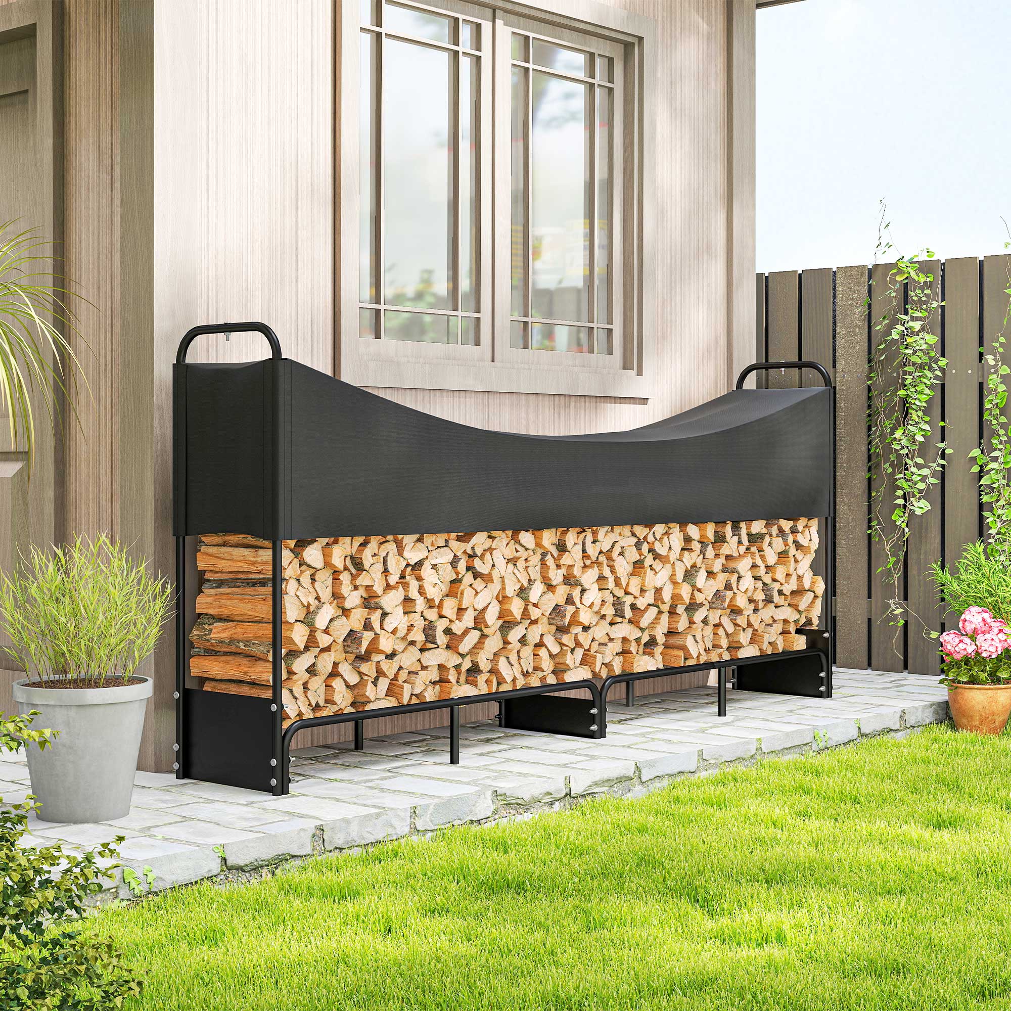 Outsunny 8.5ft Firewood Rack, Log Storage Holder with Waterproof Cover - Image 2