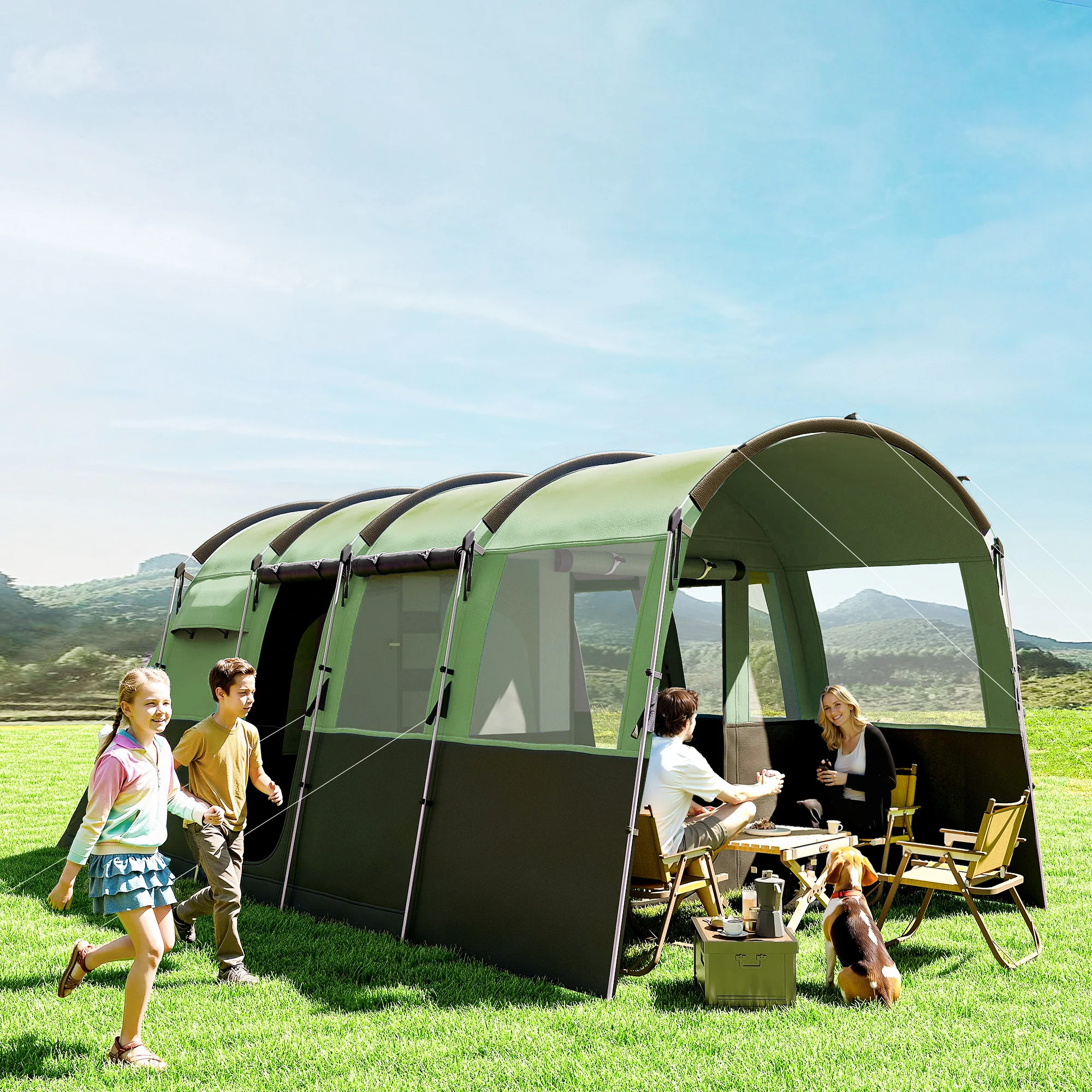 Outsunny 8-Person Camping Tent Tunnel Design With 4 Large Windows - Blue/Green - Image 11