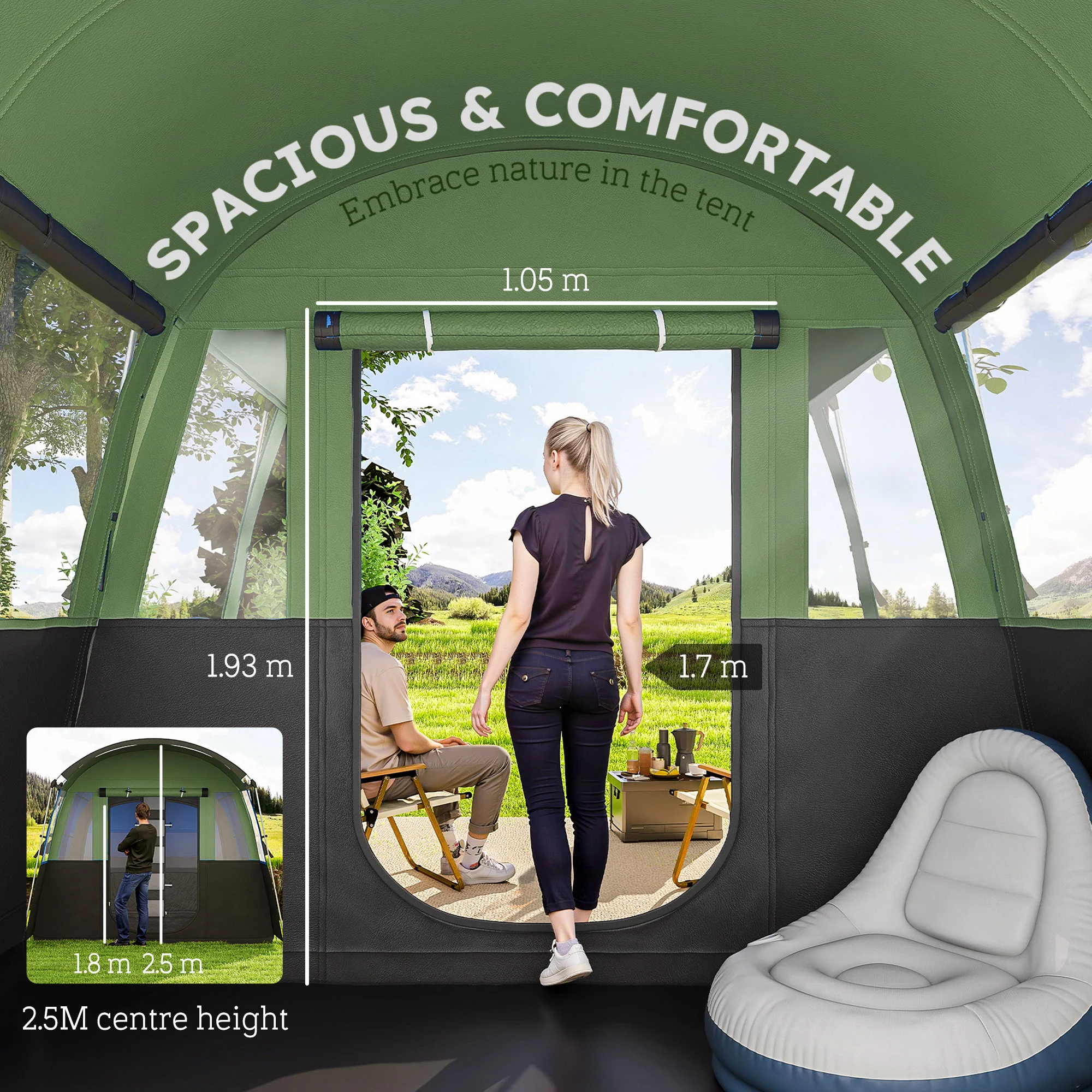 Outsunny 8-Person Camping Tent Tunnel Design With 4 Large Windows - Blue/Green - Image 13