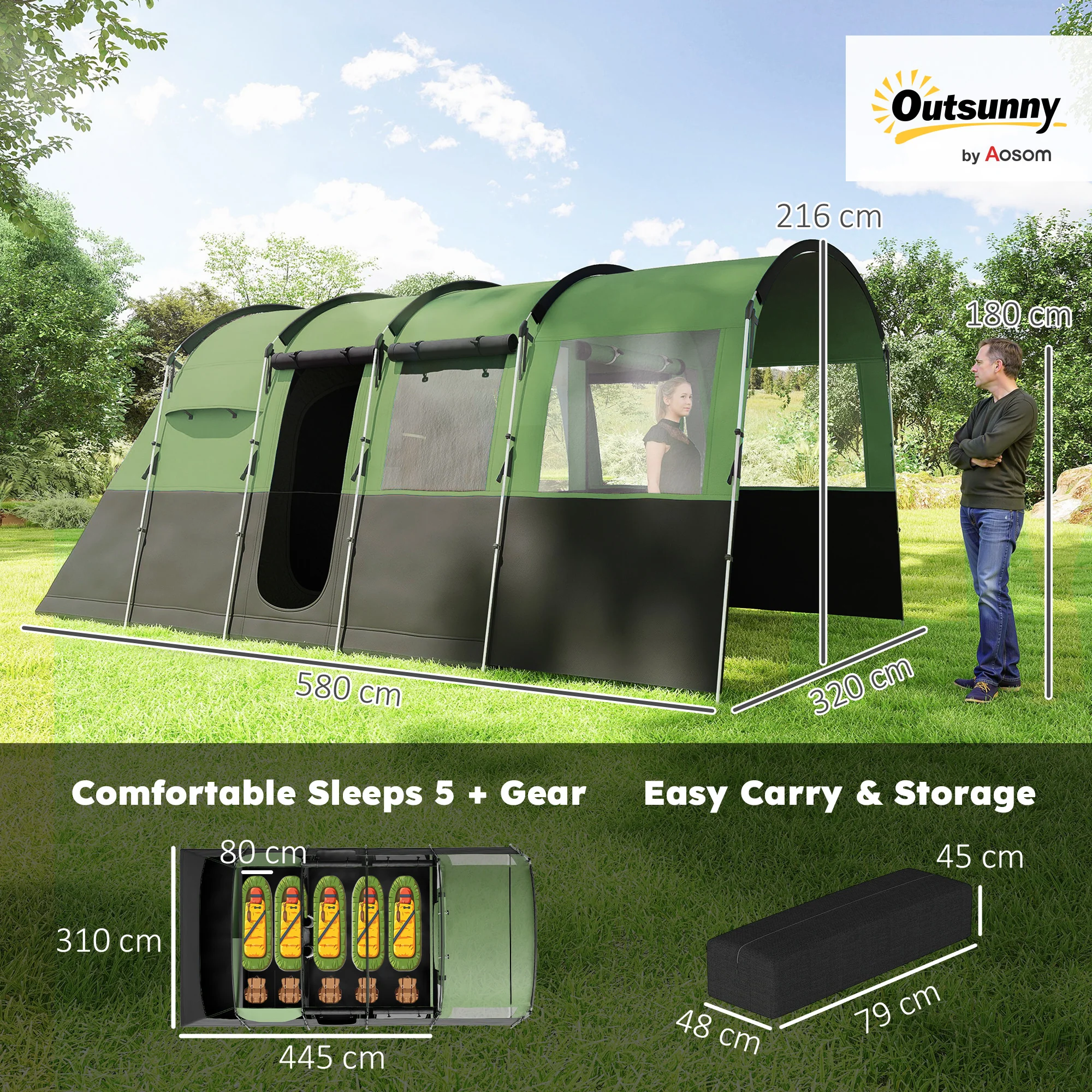 Outsunny 8-Person Camping Tent Tunnel Design With 4 Large Windows - Blue/Green - Image 14