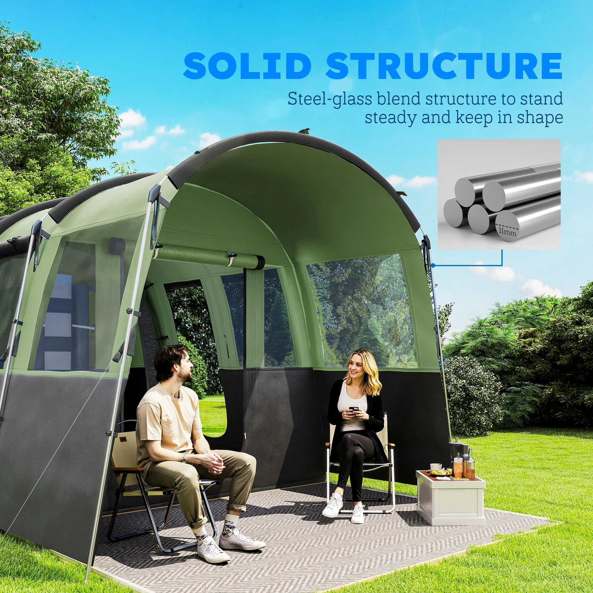 Outsunny 8-Person Camping Tent Tunnel Design With 4 Large Windows - Blue/Green - Image 16