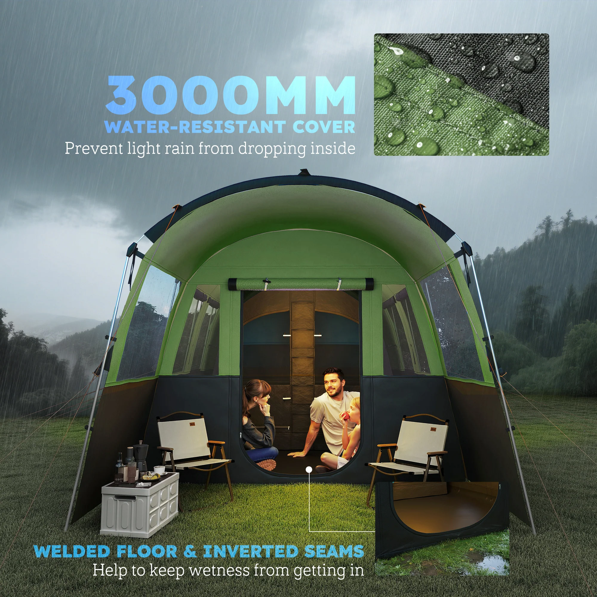 Outsunny 8-Person Camping Tent Tunnel Design With 4 Large Windows - Blue/Green - Image 17