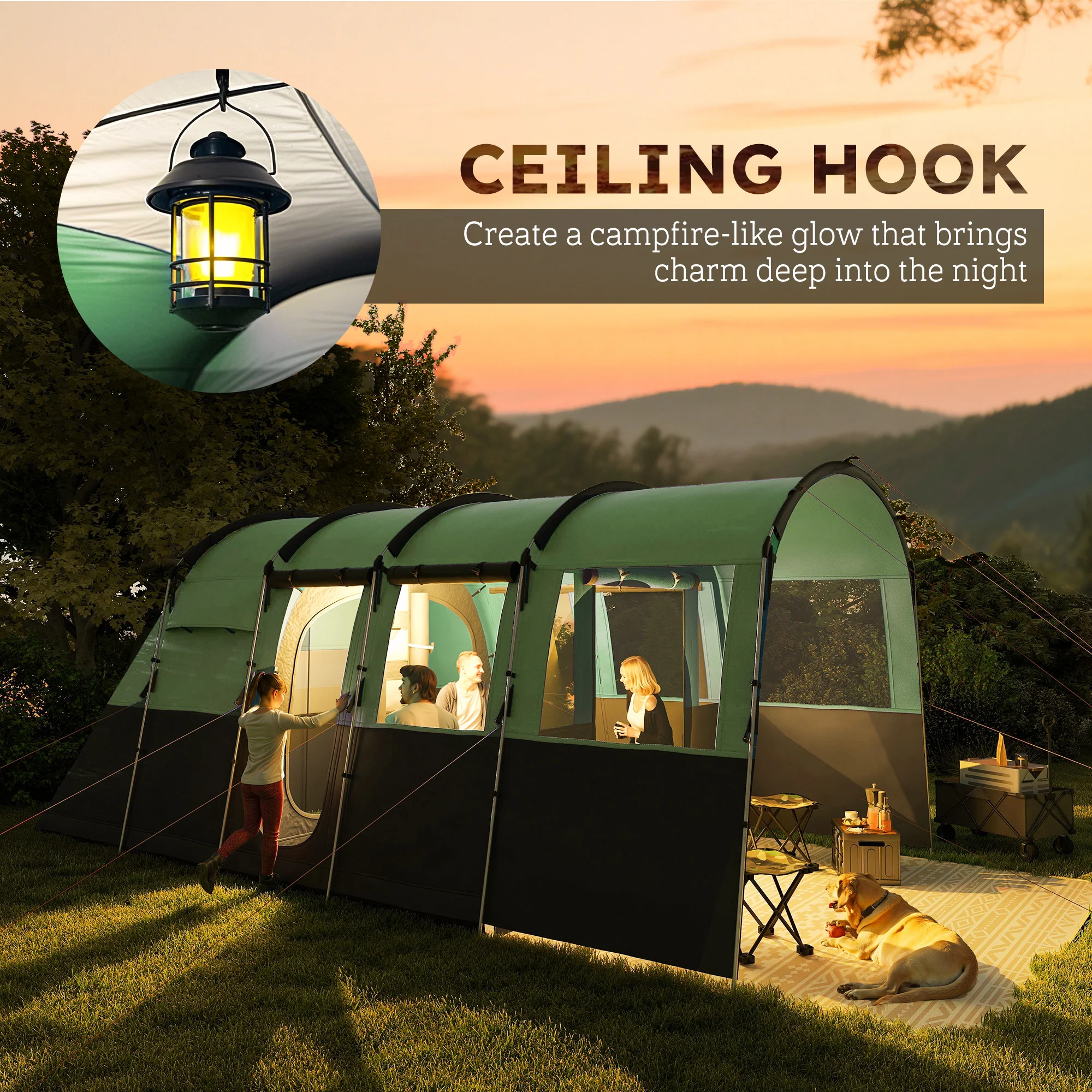 Outsunny 8-Person Camping Tent Tunnel Design With 4 Large Windows - Blue/Green - Image 18