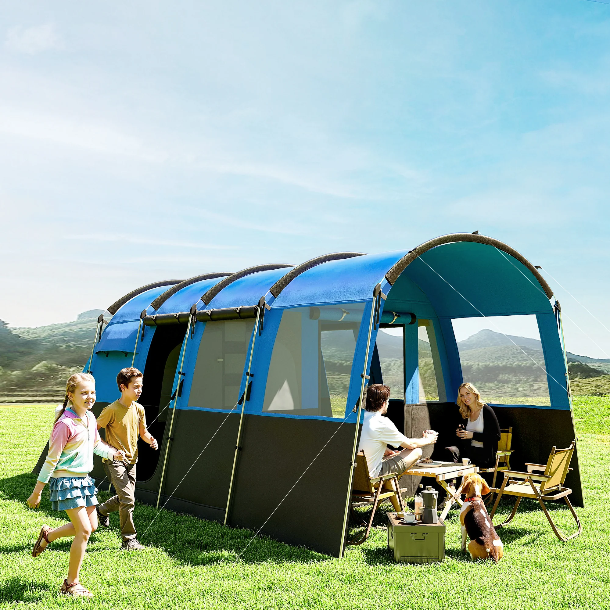 Outsunny 8-Person Camping Tent Tunnel Design With 4 Large Windows - Blue/Green - Image 2
