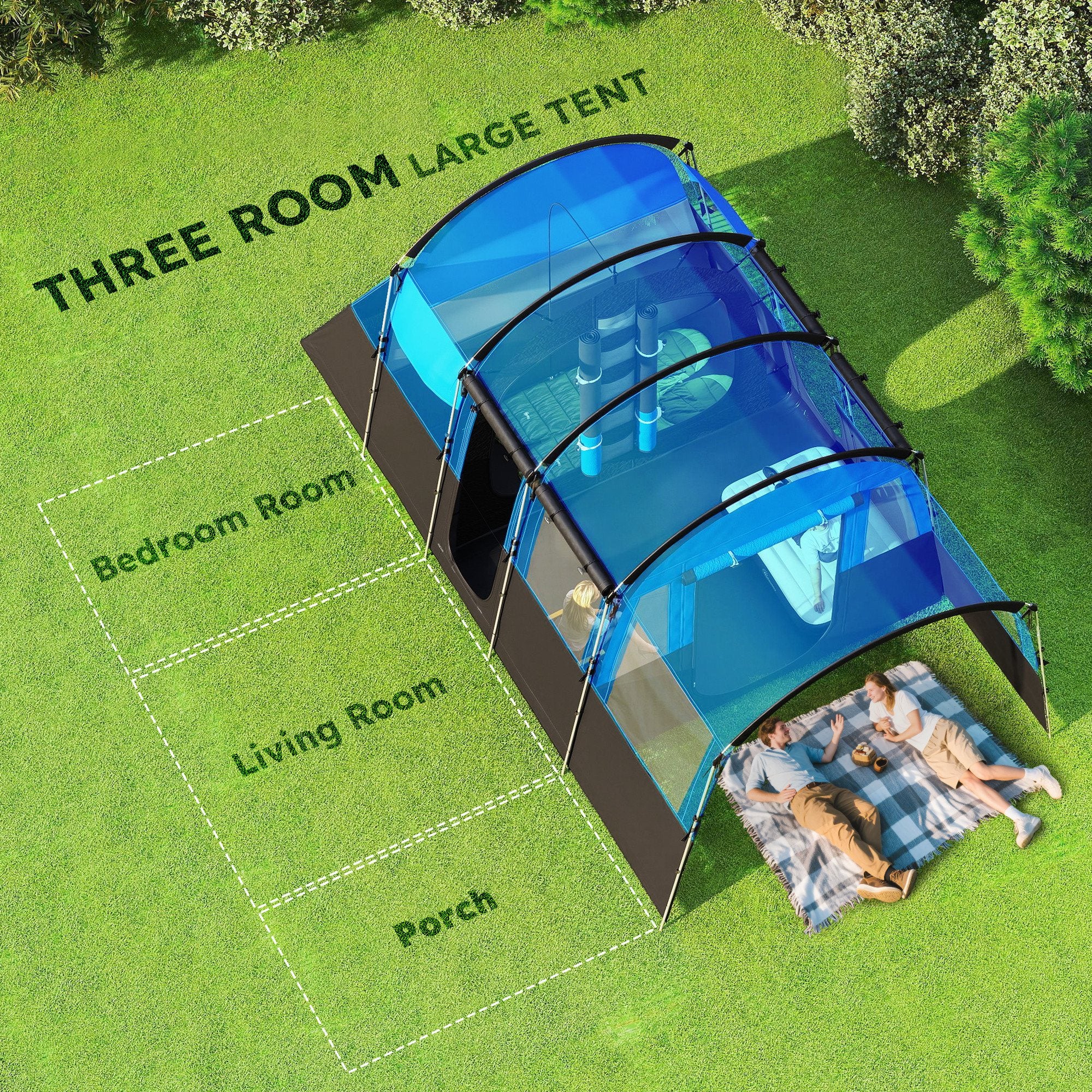 Outsunny 8-Person Camping Tent Tunnel Design With 4 Large Windows - Blue/Green - Image 3