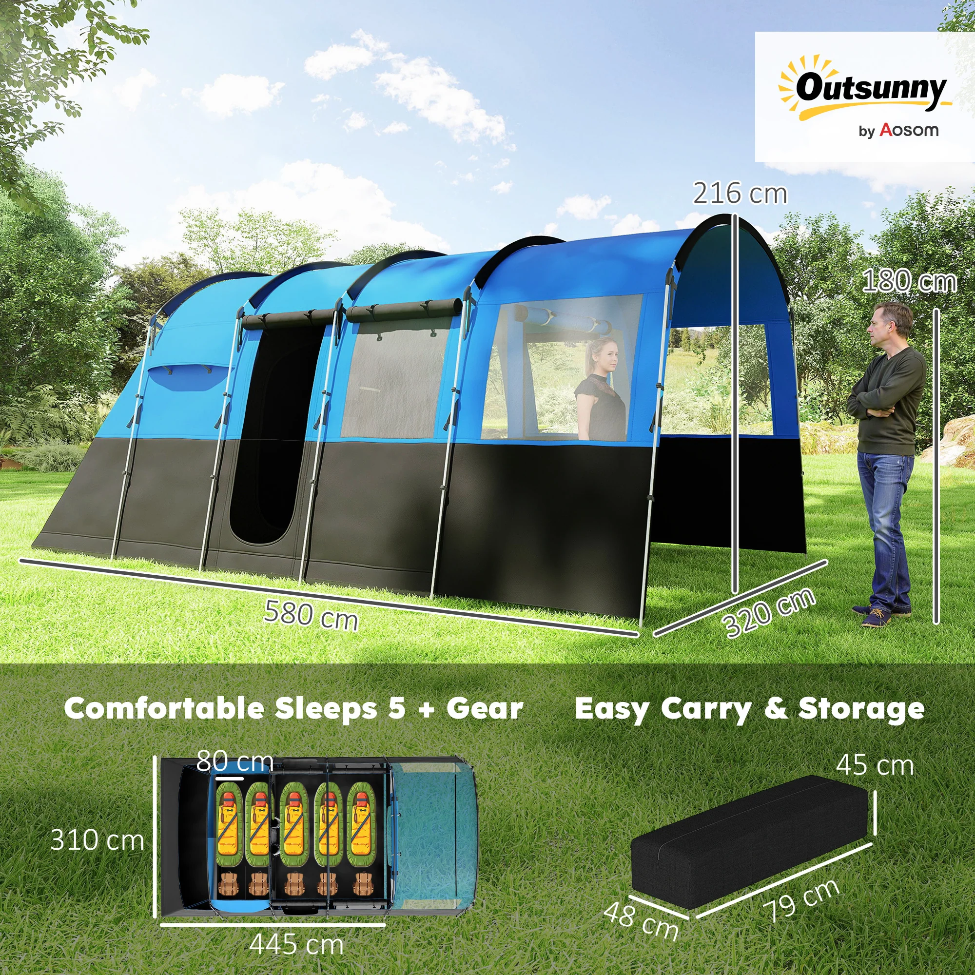 Outsunny 8-Person Camping Tent Tunnel Design With 4 Large Windows - Blue/Green - Image 5