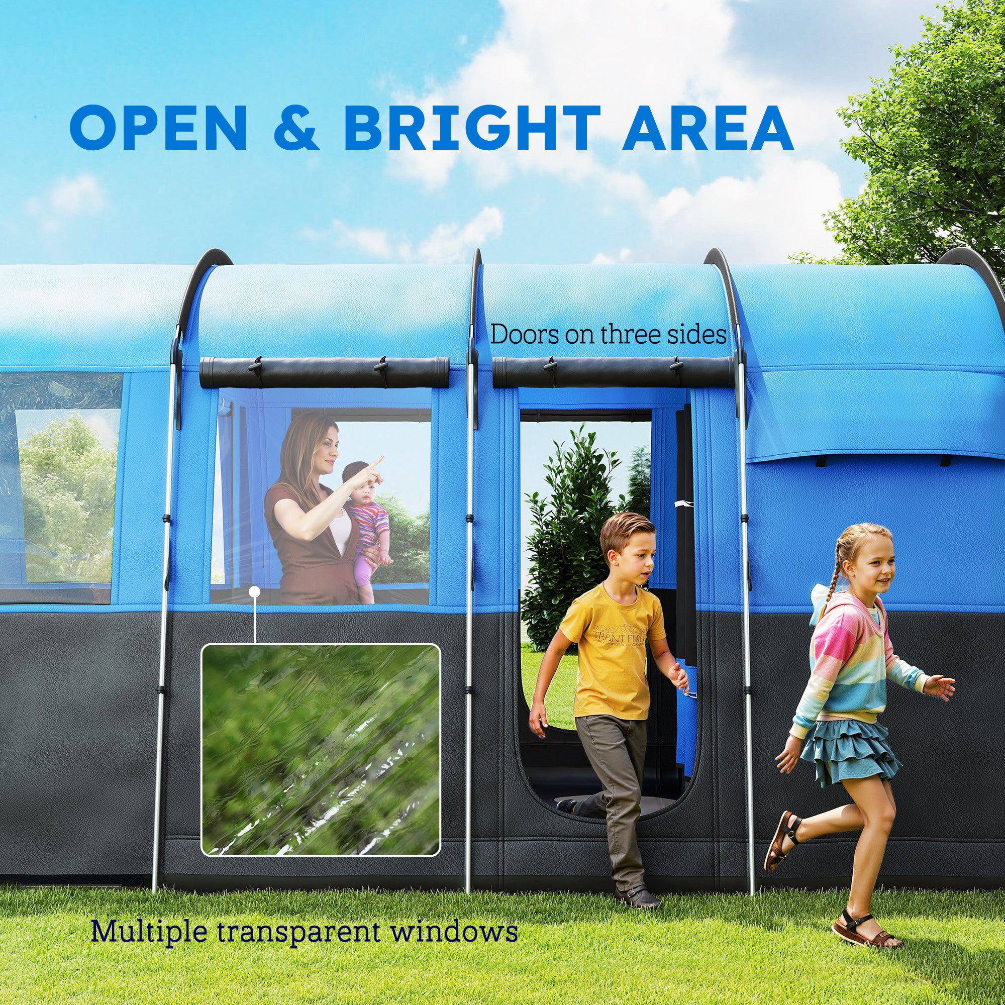 Outsunny 8-Person Camping Tent Tunnel Design With 4 Large Windows - Blue/Green - Image 6
