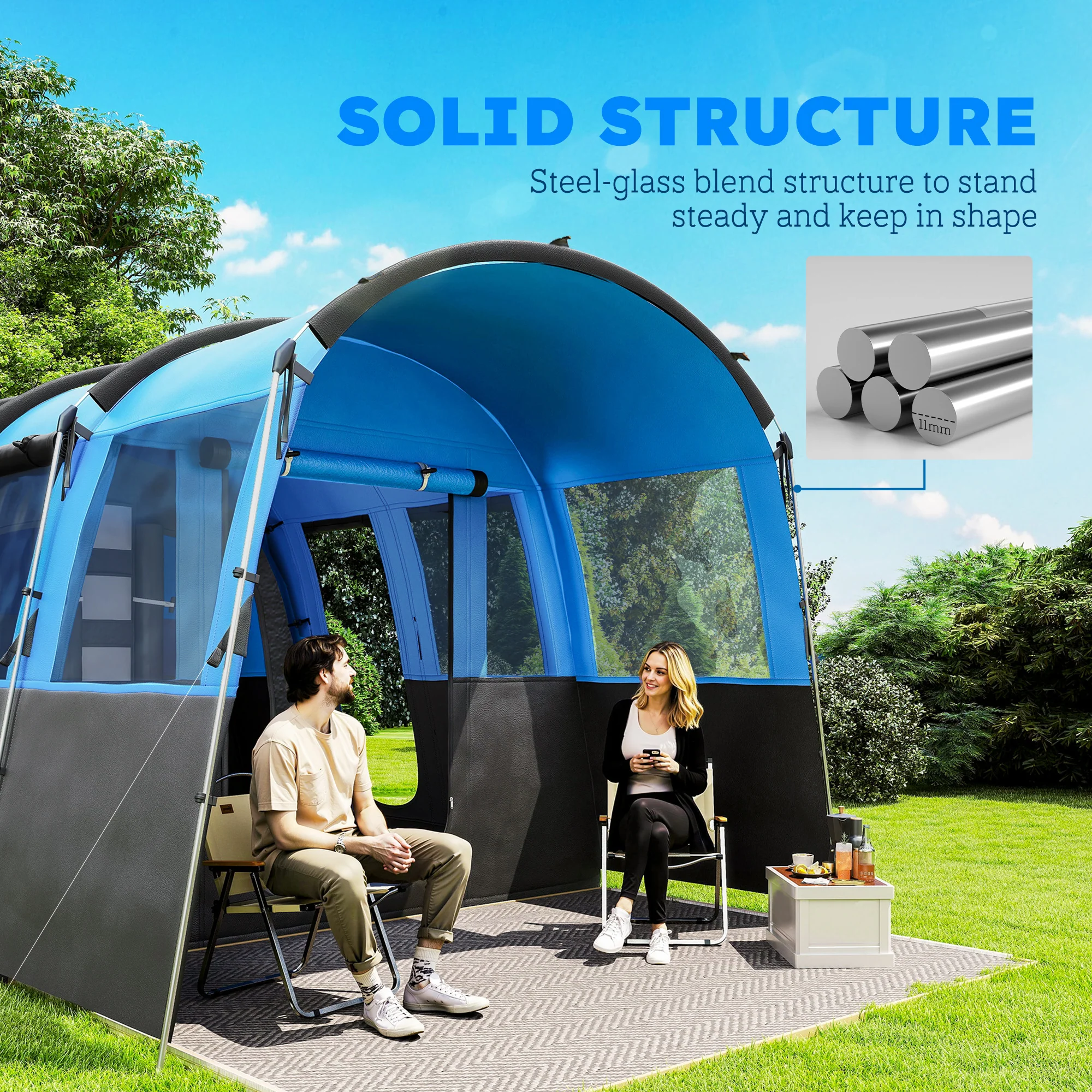 Outsunny 8-Person Camping Tent Tunnel Design With 4 Large Windows - Blue/Green - Image 7