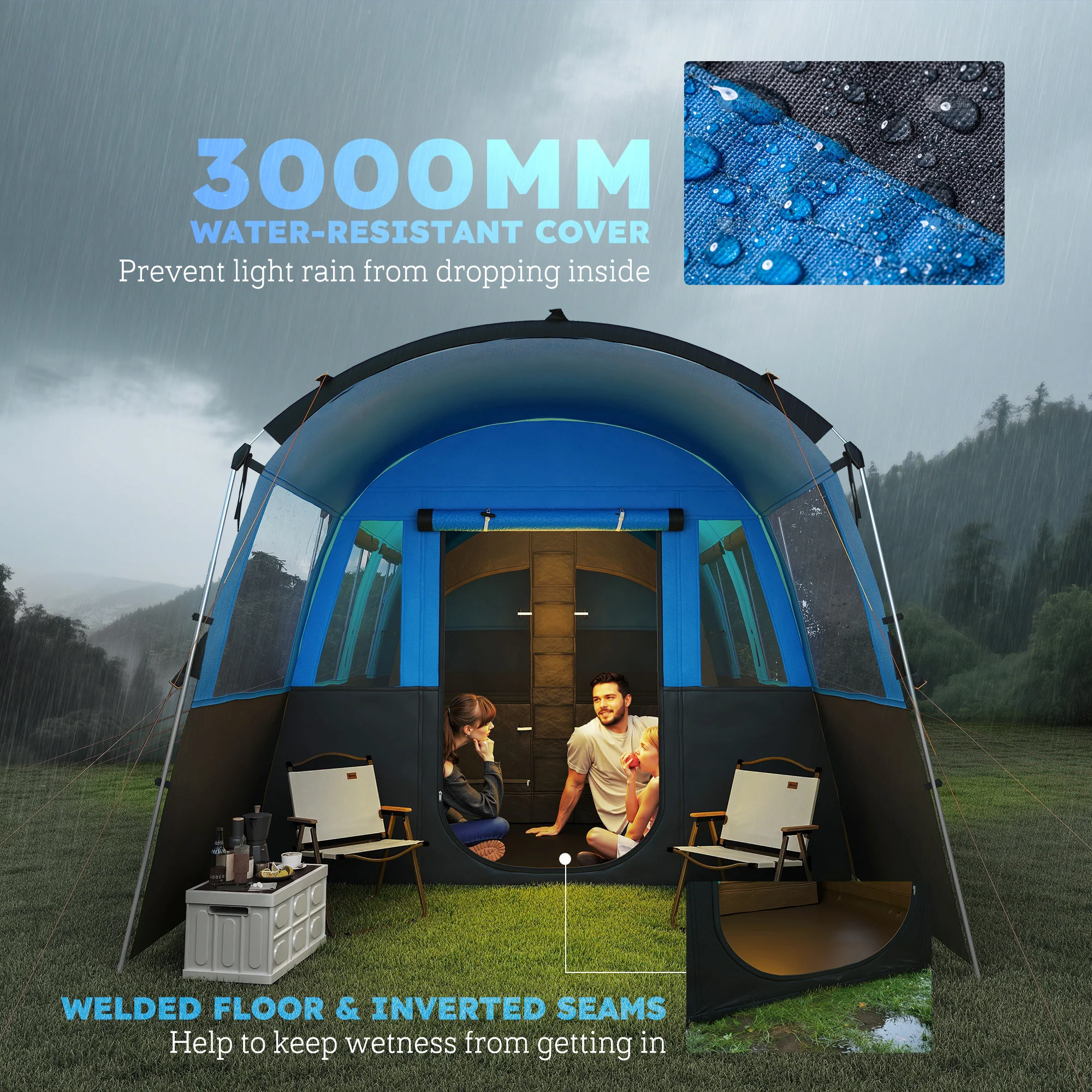 Outsunny 8-Person Camping Tent Tunnel Design With 4 Large Windows - Blue/Green - Image 8