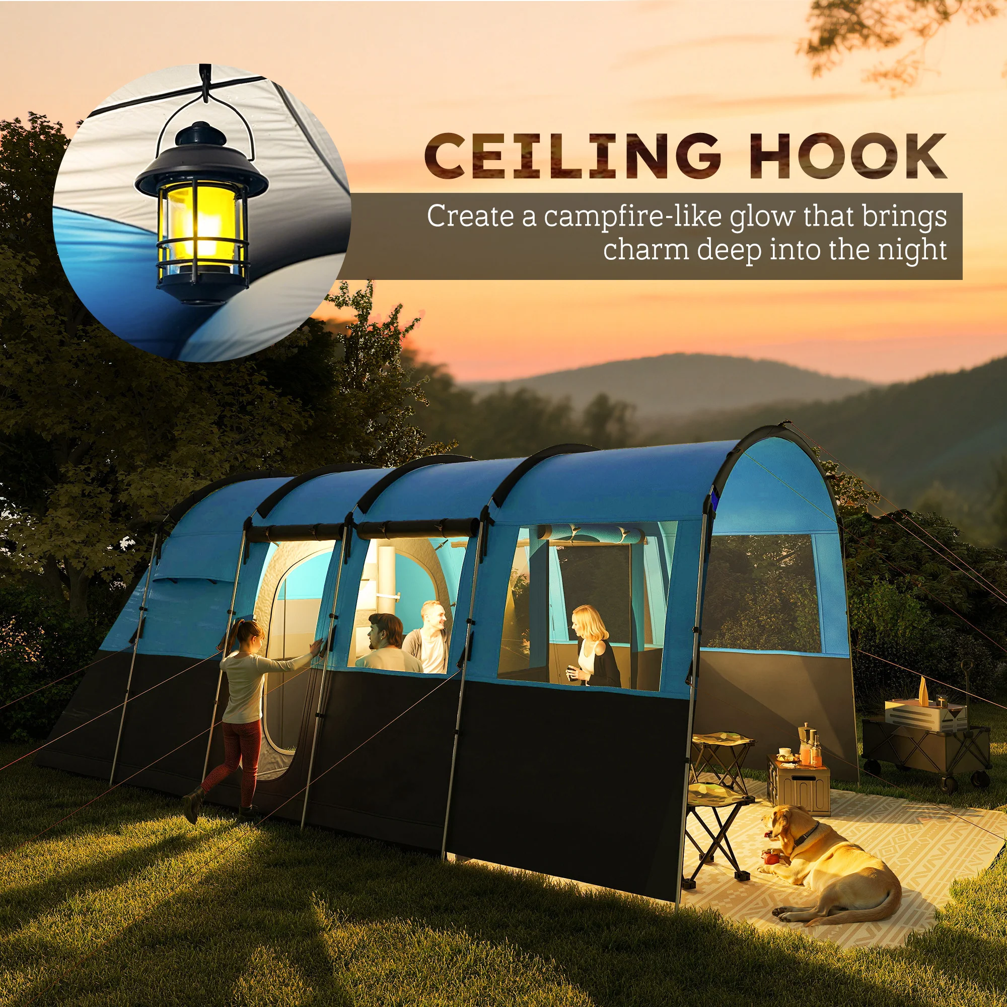 Outsunny 8-Person Camping Tent Tunnel Design With 4 Large Windows - Blue/Green - Image 9
