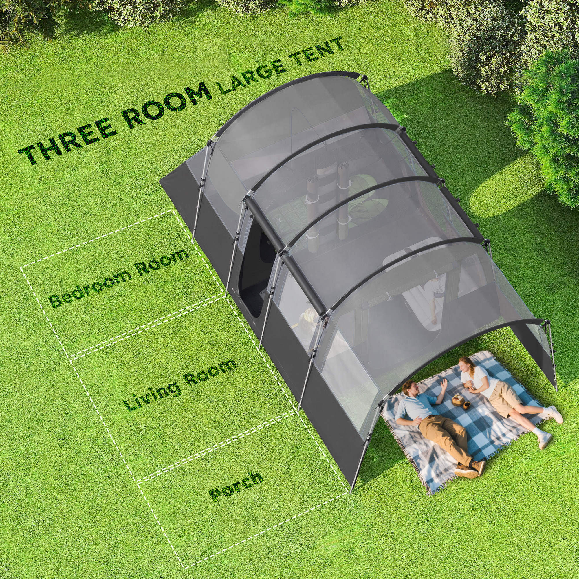 Outsunny 8-Person Camping Tent Tunnel Design with 4 Large Windows Dark Grey - Image 3